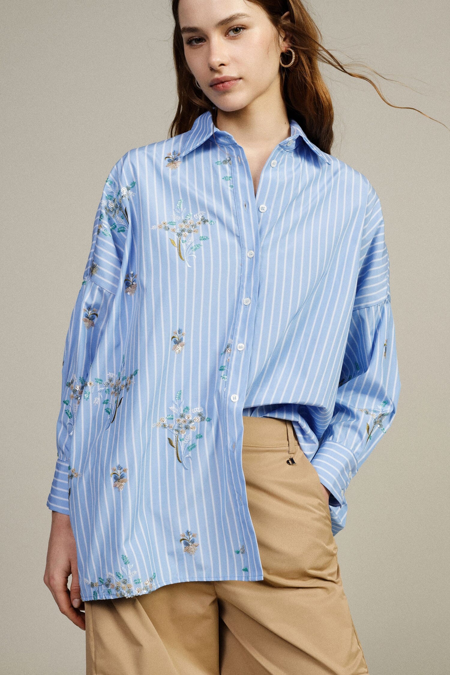 Oversized Striped Shirt With Floral Embroidery Dixie