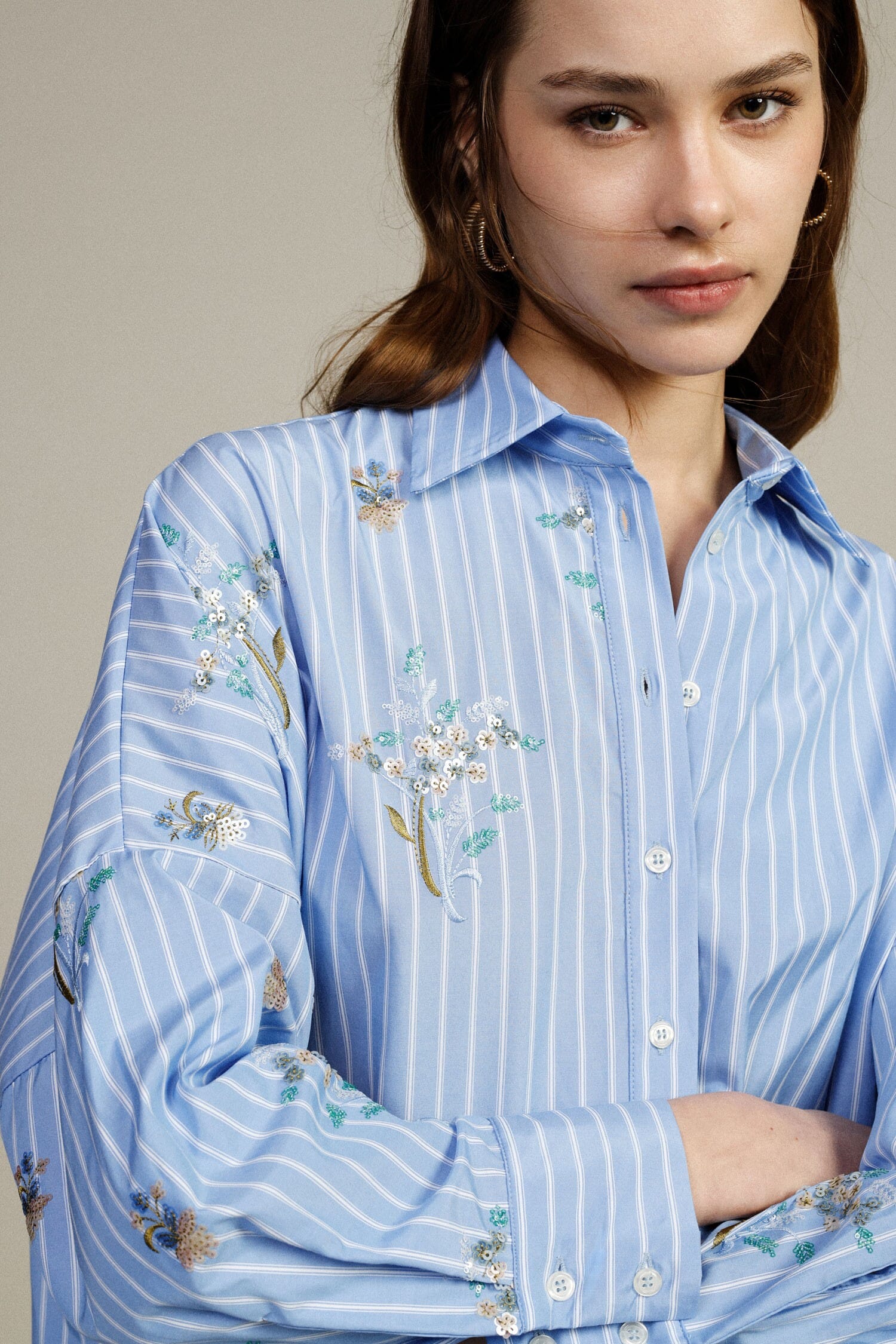 Oversized Striped Shirt With Floral Embroidery Dixie