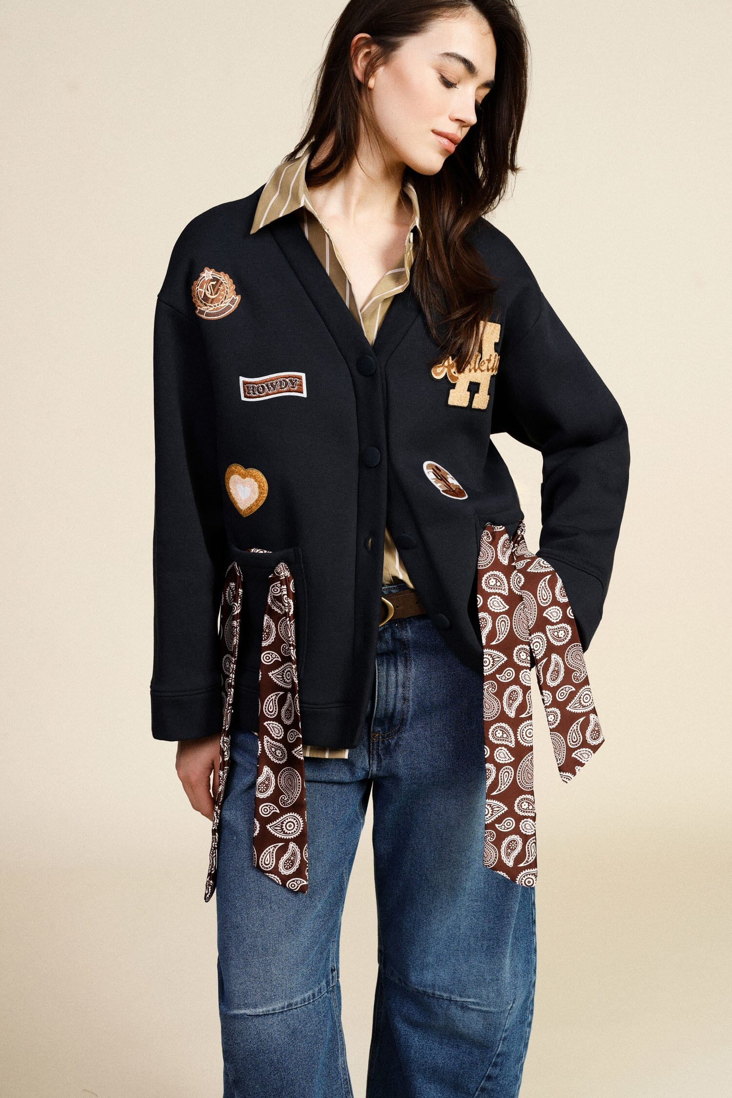 Hoodless Sweatshirt Buttons Patch Details Dixie