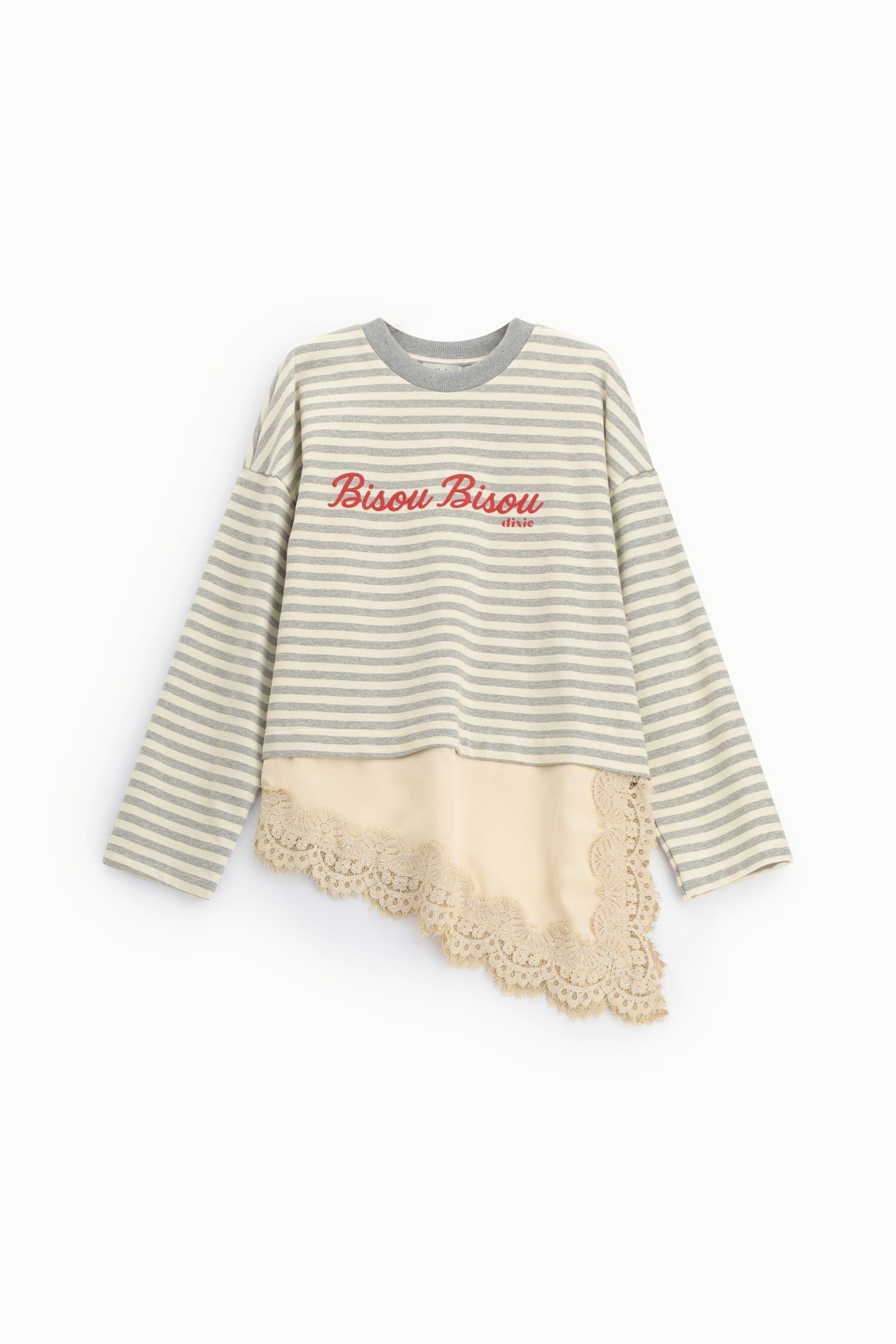 T-Shirt A Righe Con Scritta E Inserto In Pizzo Dixie