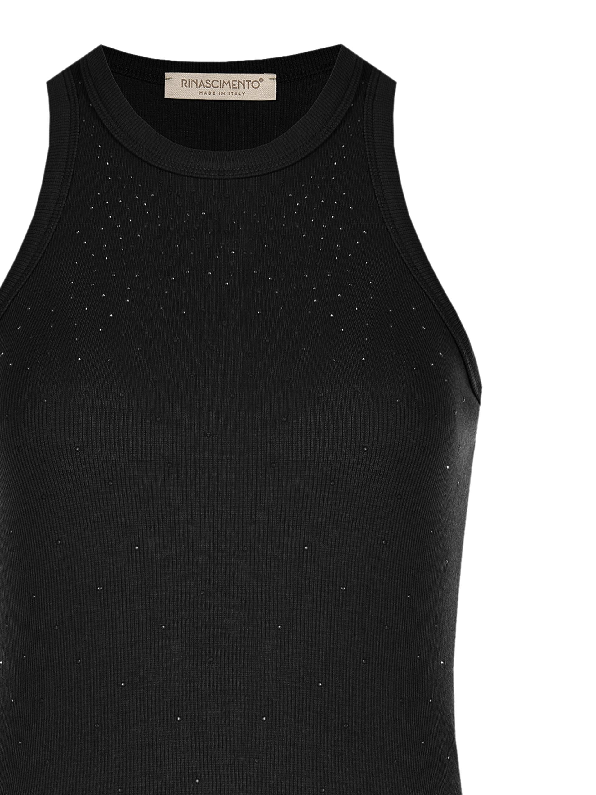 Ribbed Cotton Mix Fitted Top With Rhinestone Rinascimento