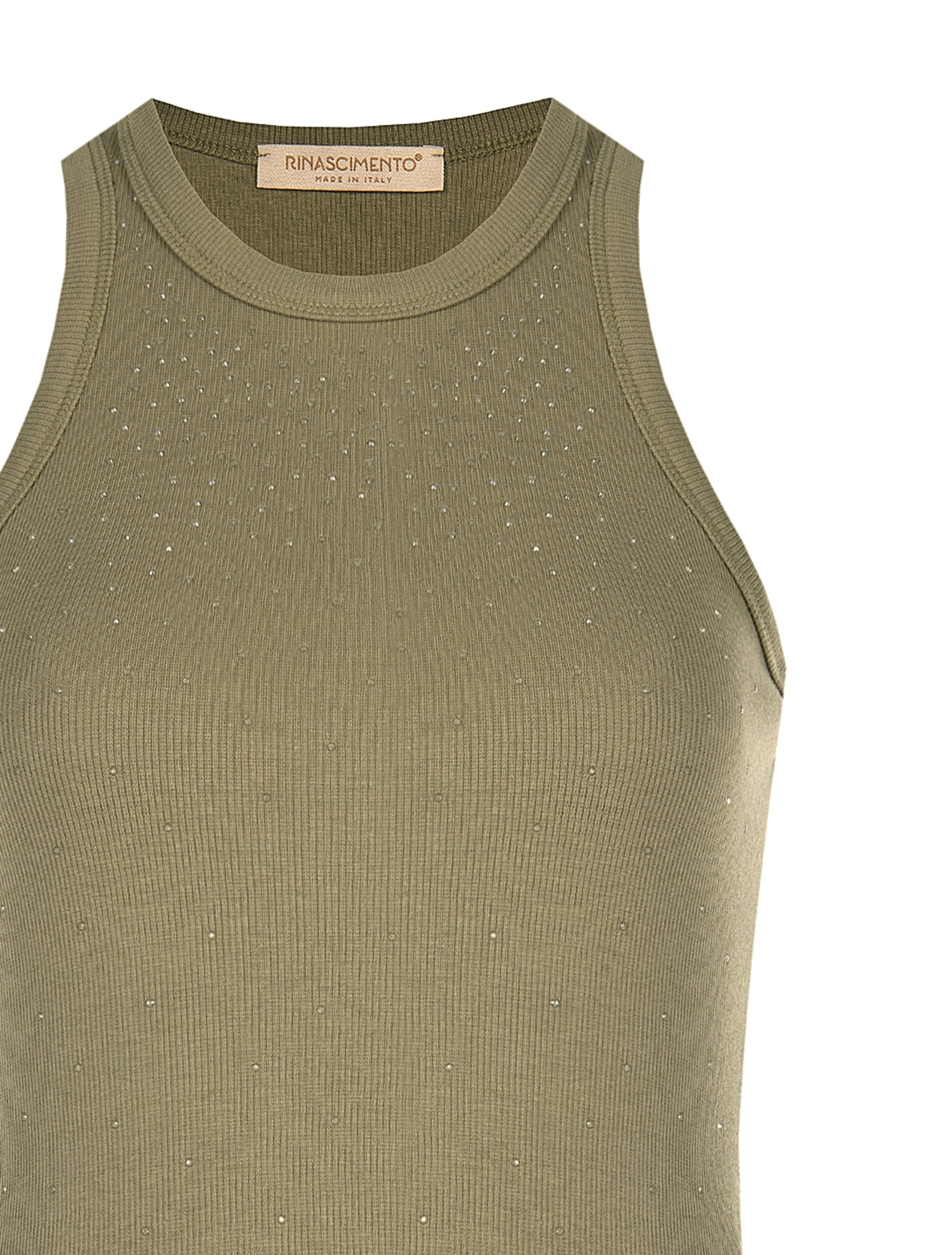 Ribbed Cotton Mix Fitted Top With Rhinestone Rinascimento