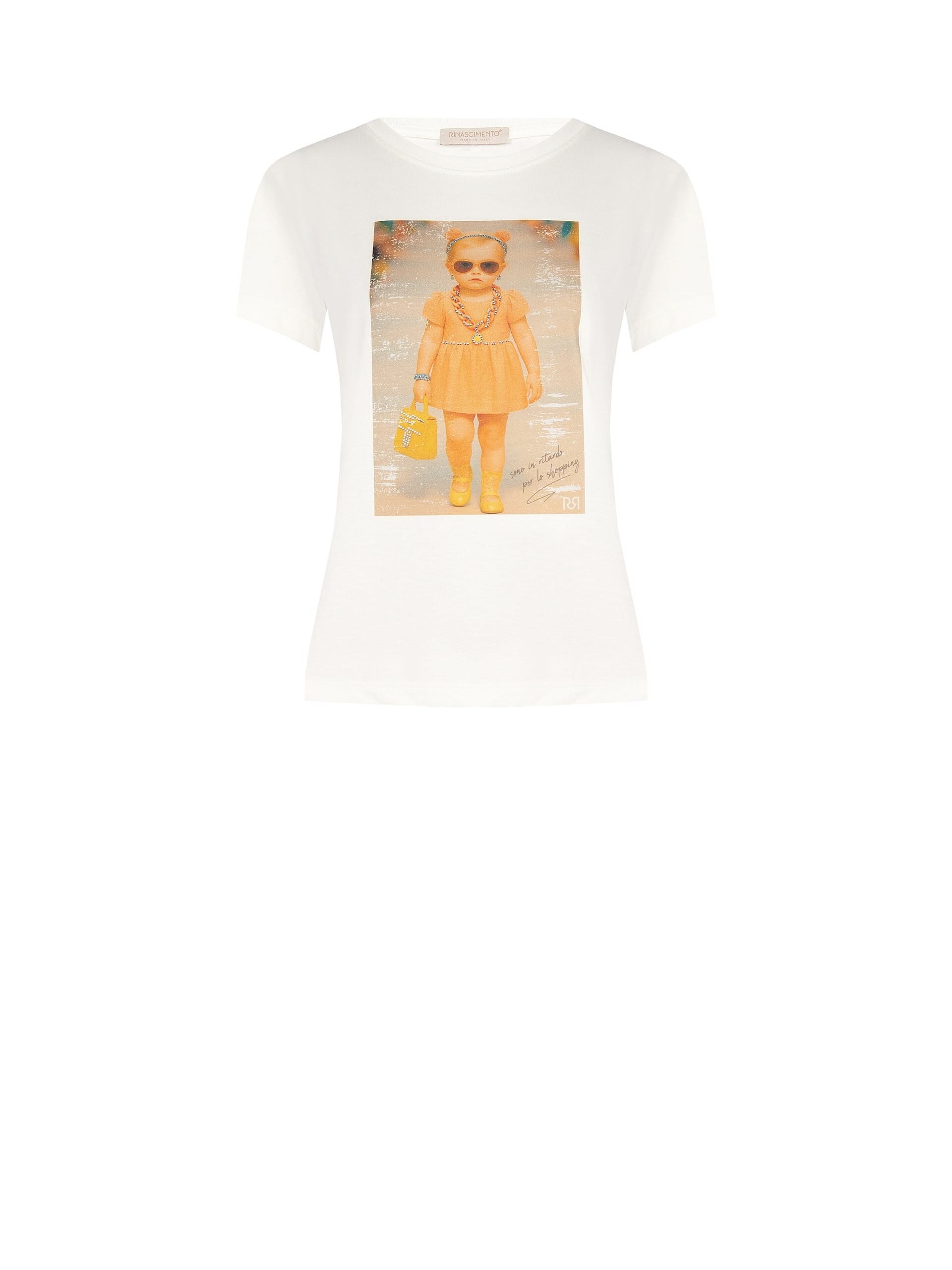 T-Shirt Regular In Cotone Con Stampa Bimba E Strass Rinascimento