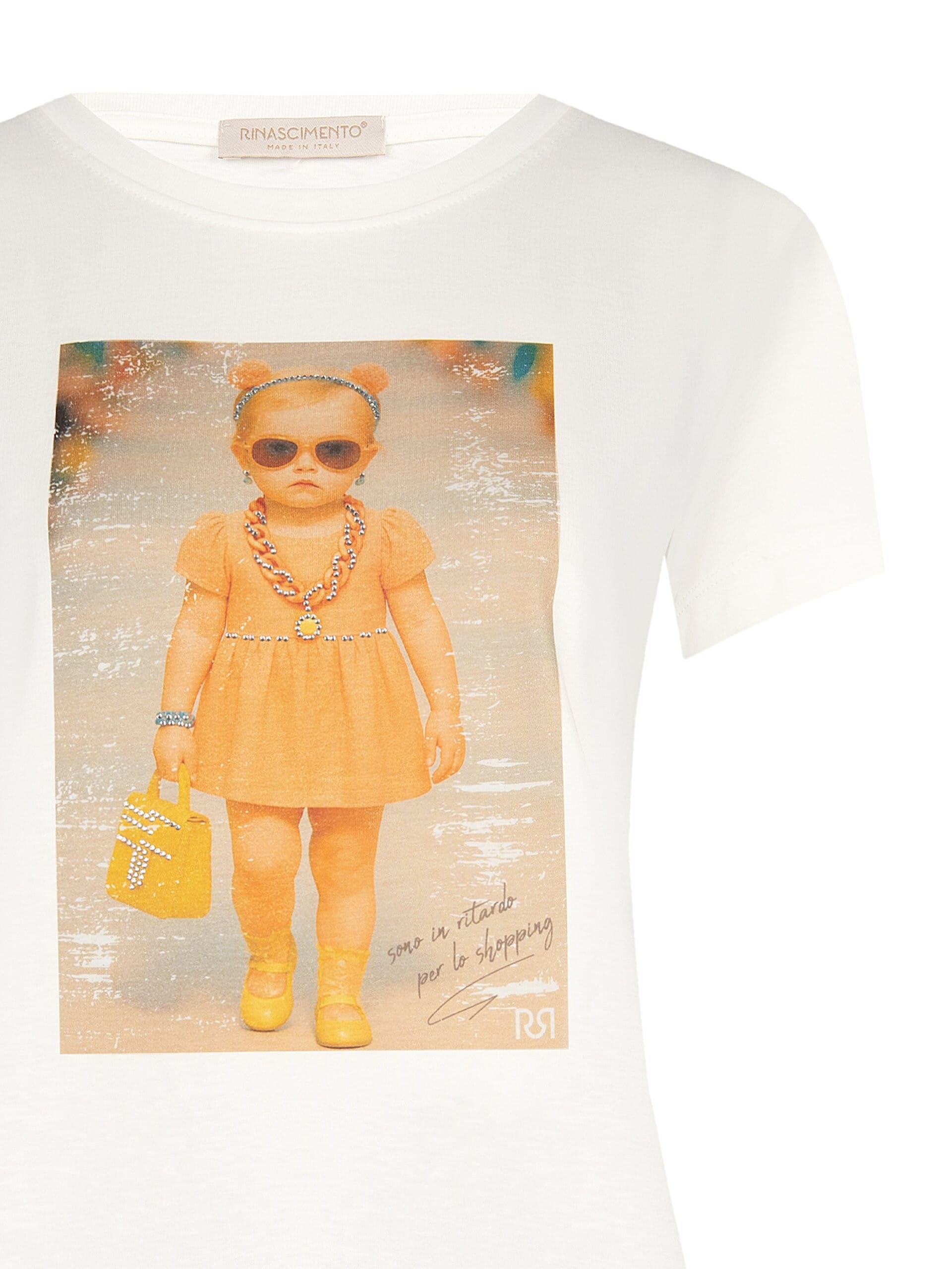 T-Shirt Regular In Cotone Con Stampa Bimba E Strass Rinascimento
