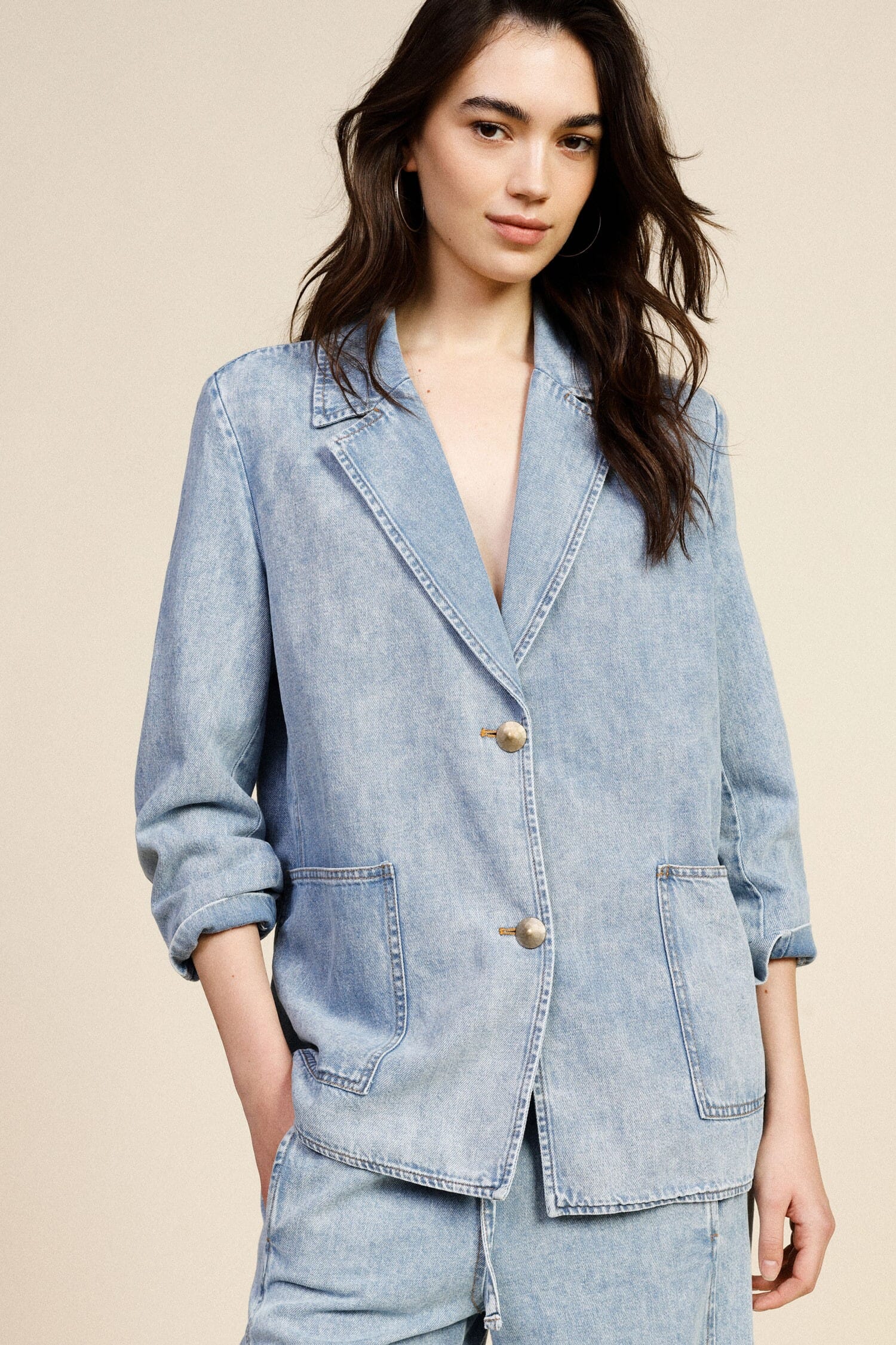 Denim Blazer With Buttons And Patch Pockets Dixie