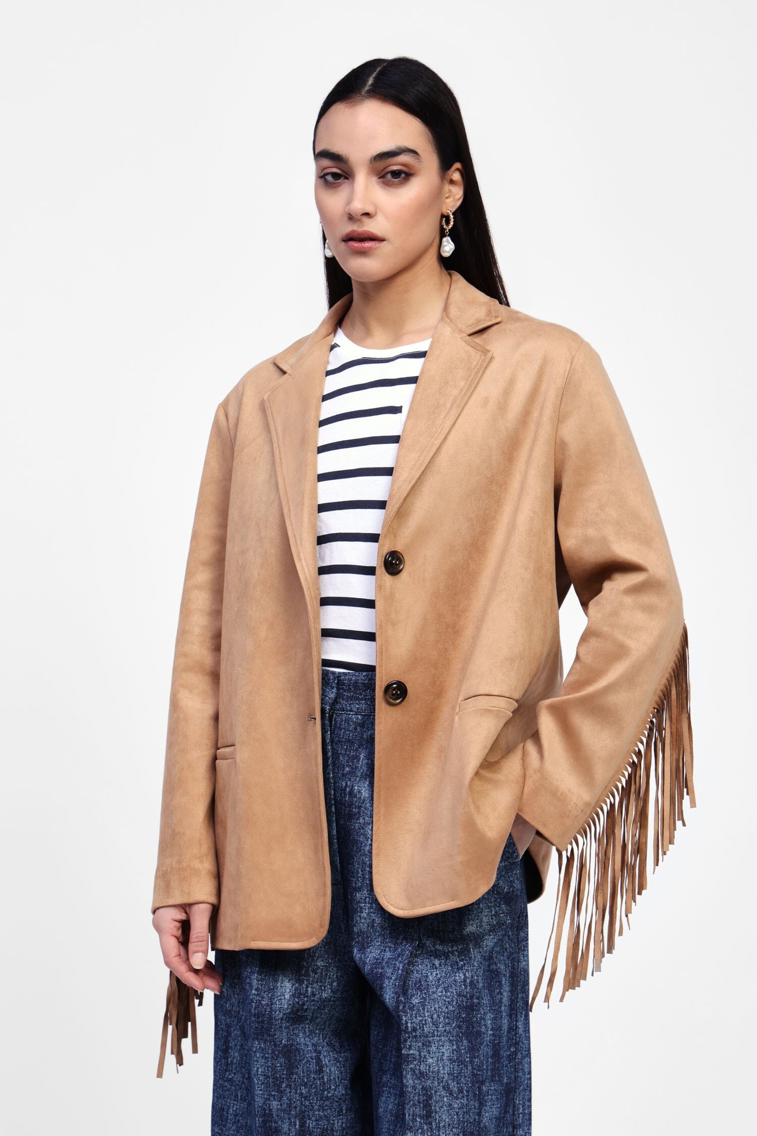 Dixie Suede Blazer With Fringes And Buttons