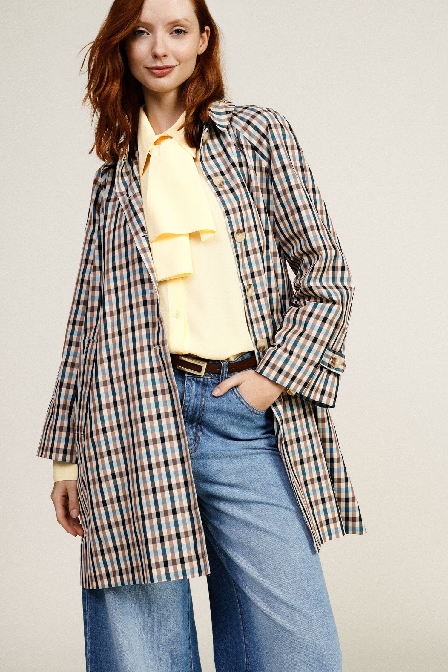 Checked Coat With Front Buttons And Dixie Pockets