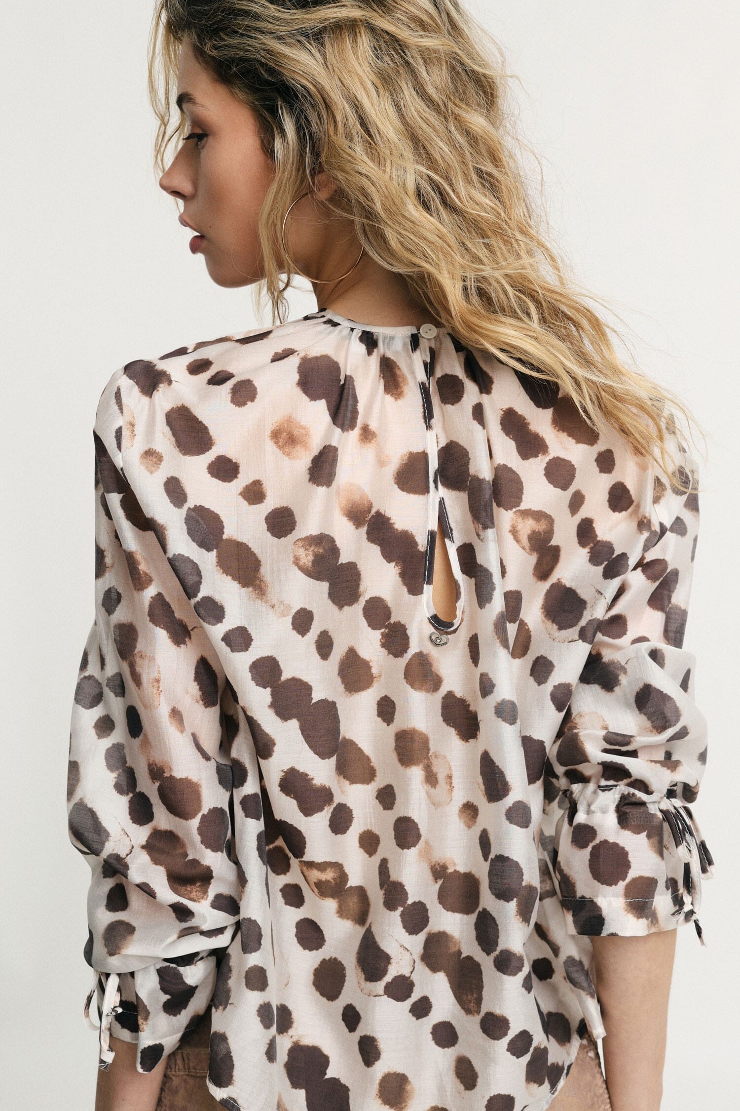 Wide Print Polka Dot Blouse Long Sleeves With Ties Please