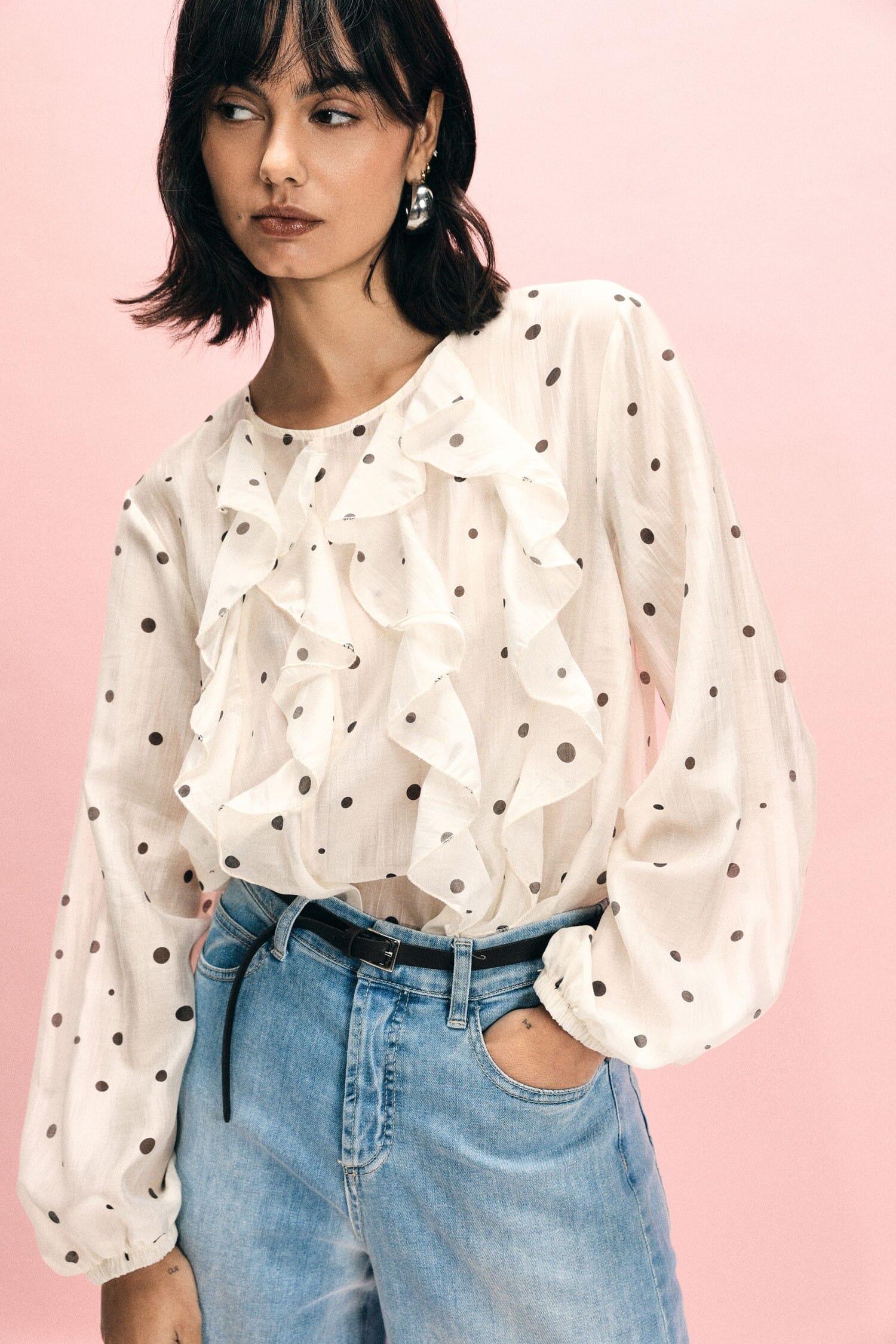 Polka Dot Blouse With Ruffles And Long Sleeves Please