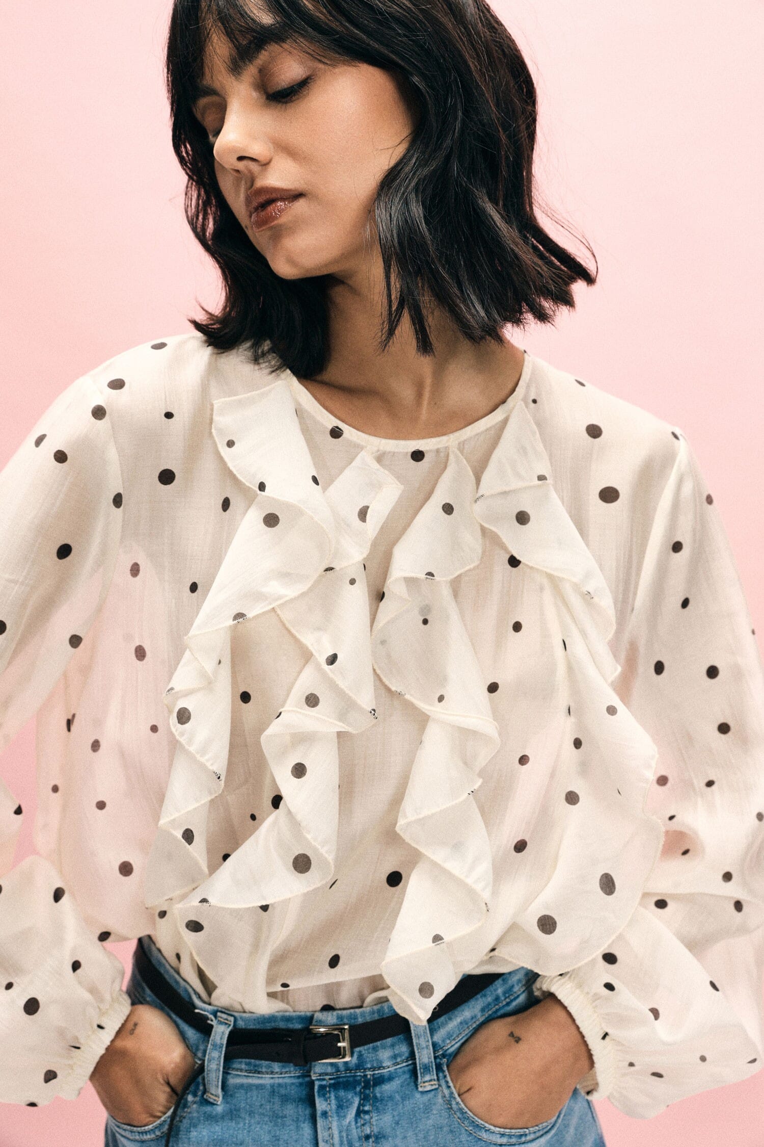 Polka Dot Blouse With Ruffles And Long Sleeves Please