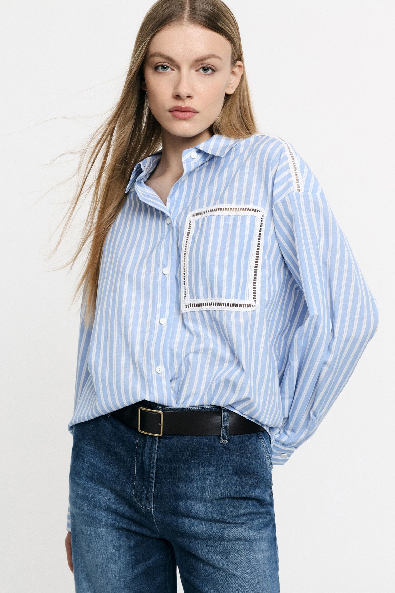 Striped Shirt With Pocket And Perforated Details Please