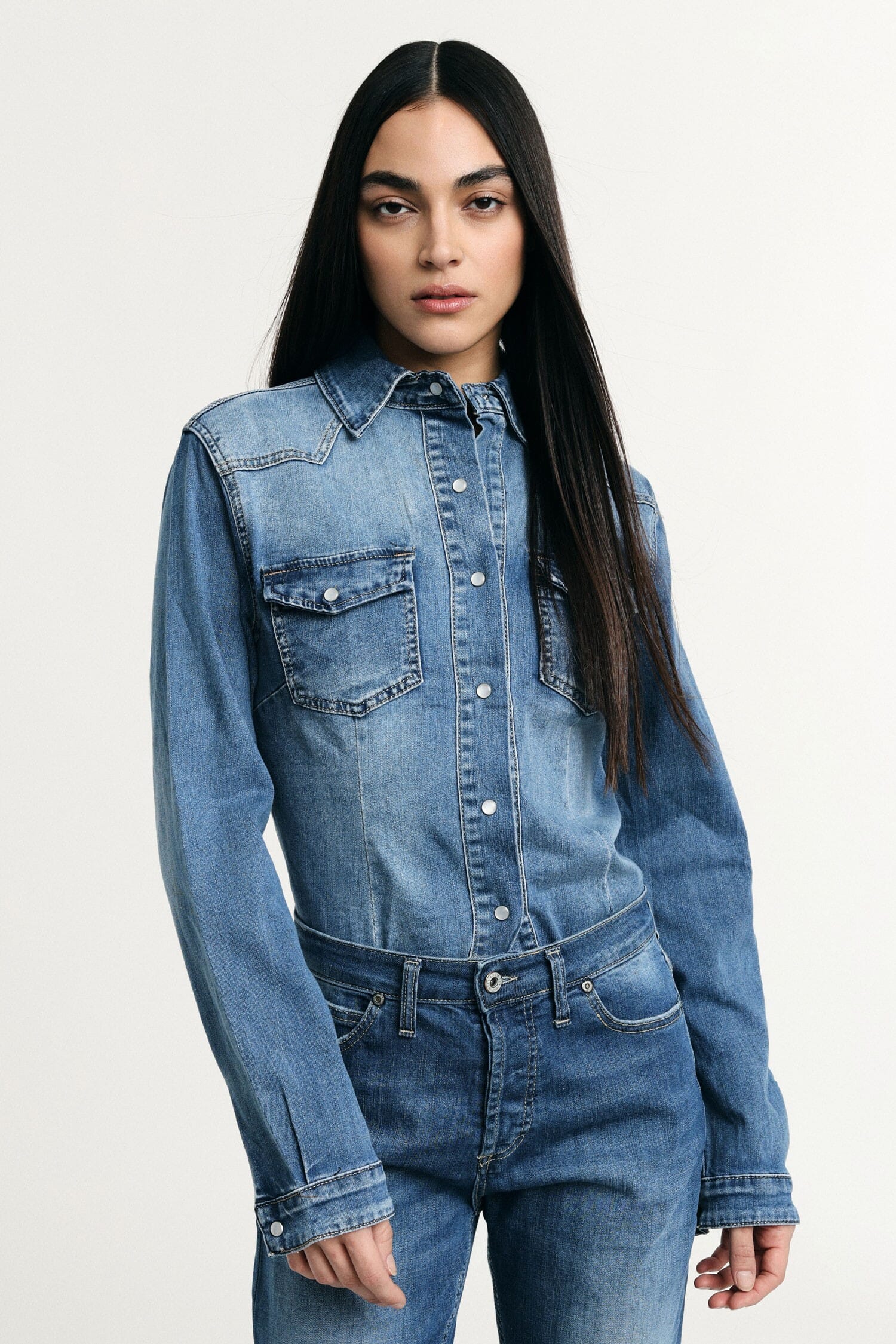 Denim Shirt With Front Pockets And Buttoned Cuffs Please