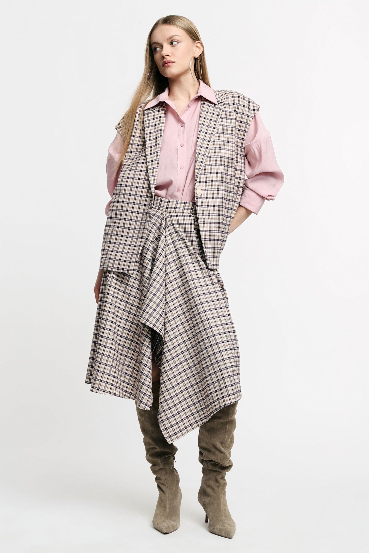 High Waisted Midi Skirt With Asymmetrical Check Pattern Please