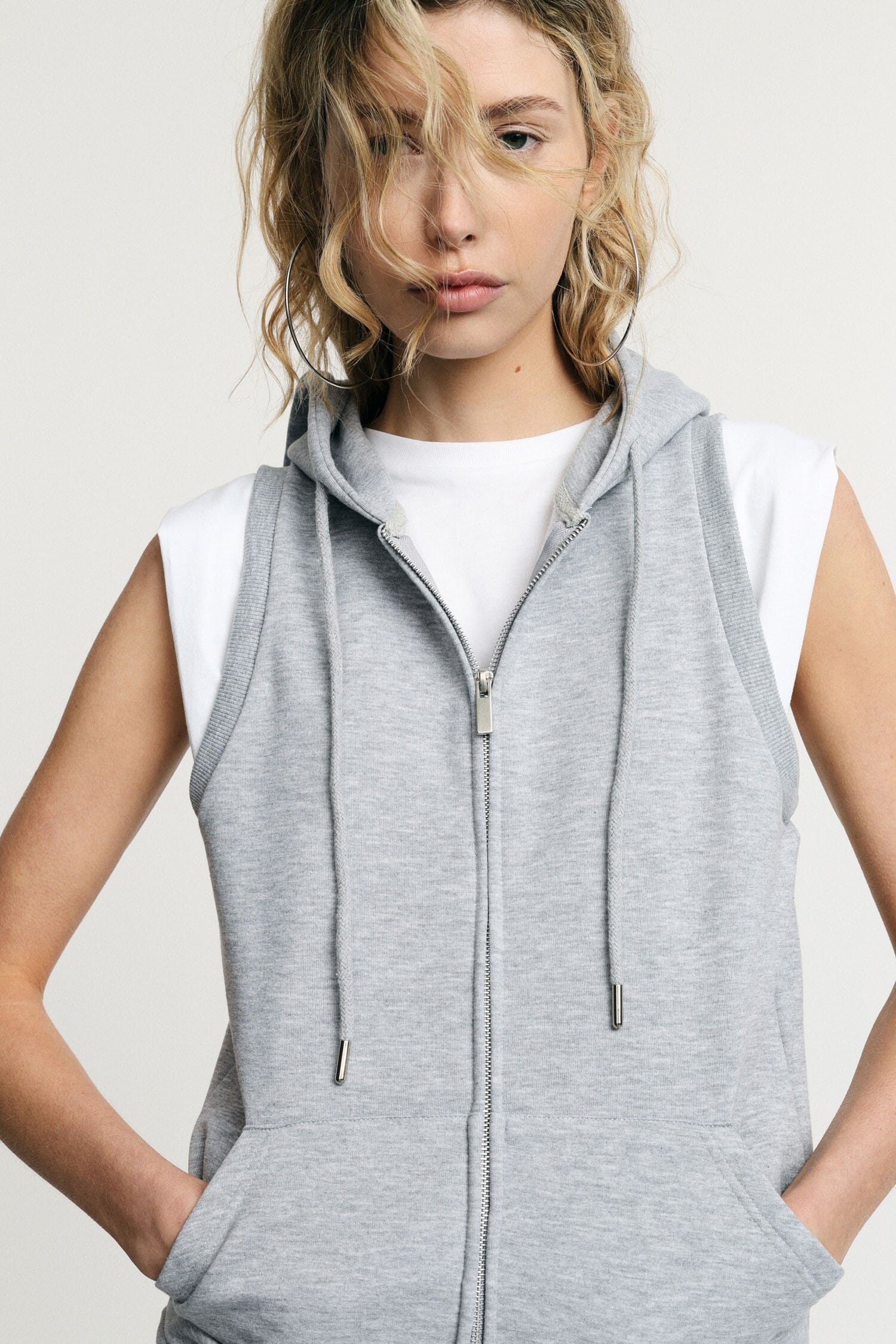 Please Sleeveless Zip Front Hoodie