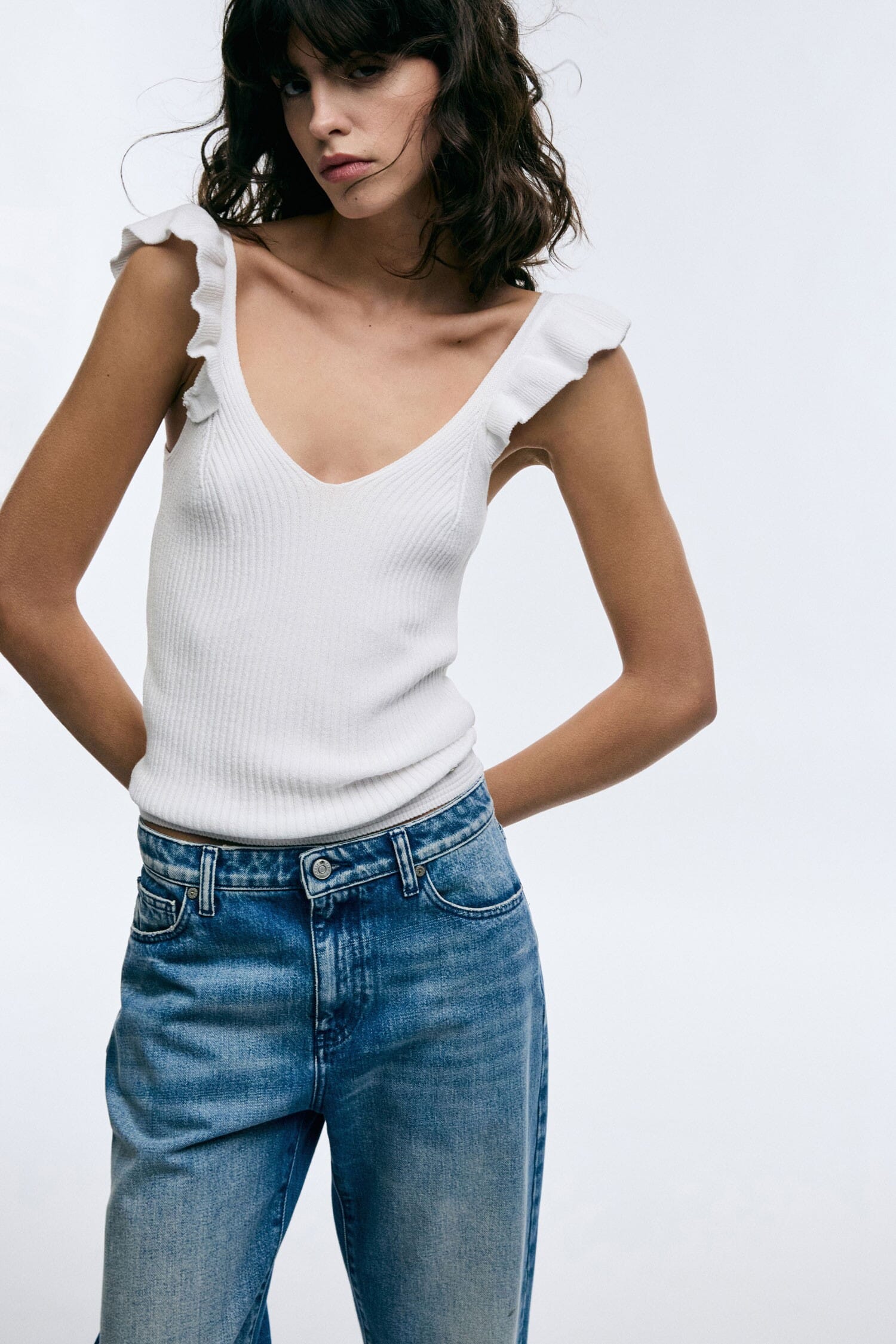 Ribbed Top With Curled Shoulders And V-Neckline Please