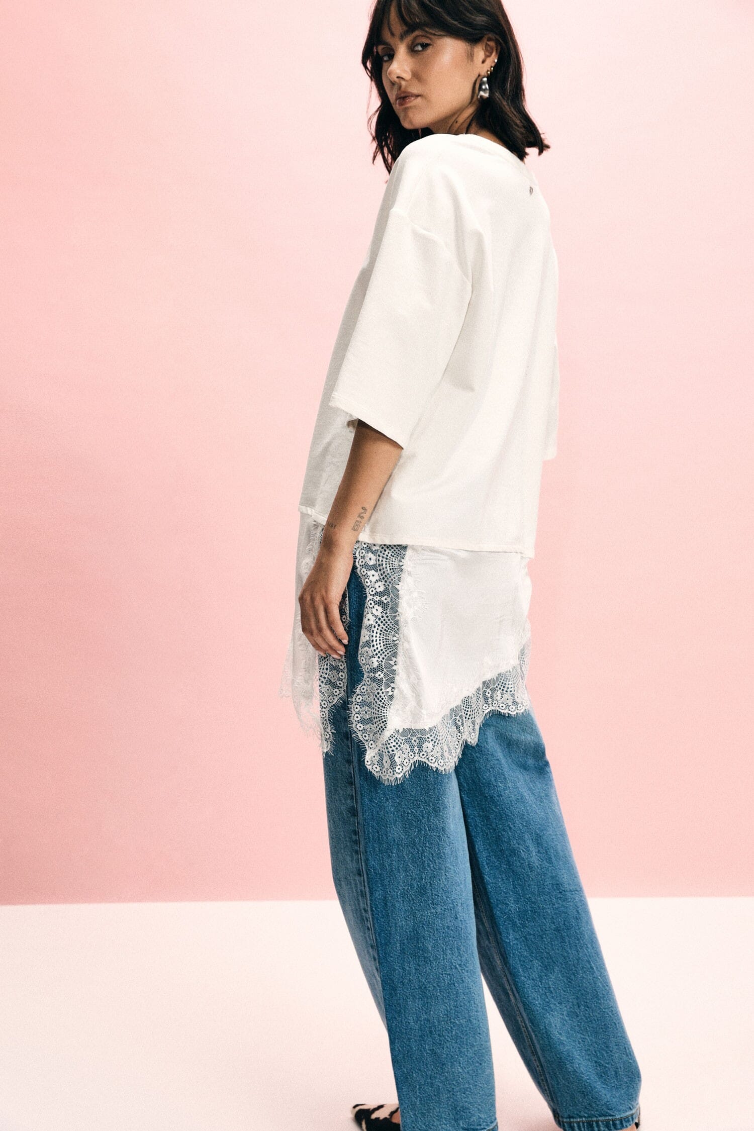 Asymmetrical Top With Contrast Lace Trim Please