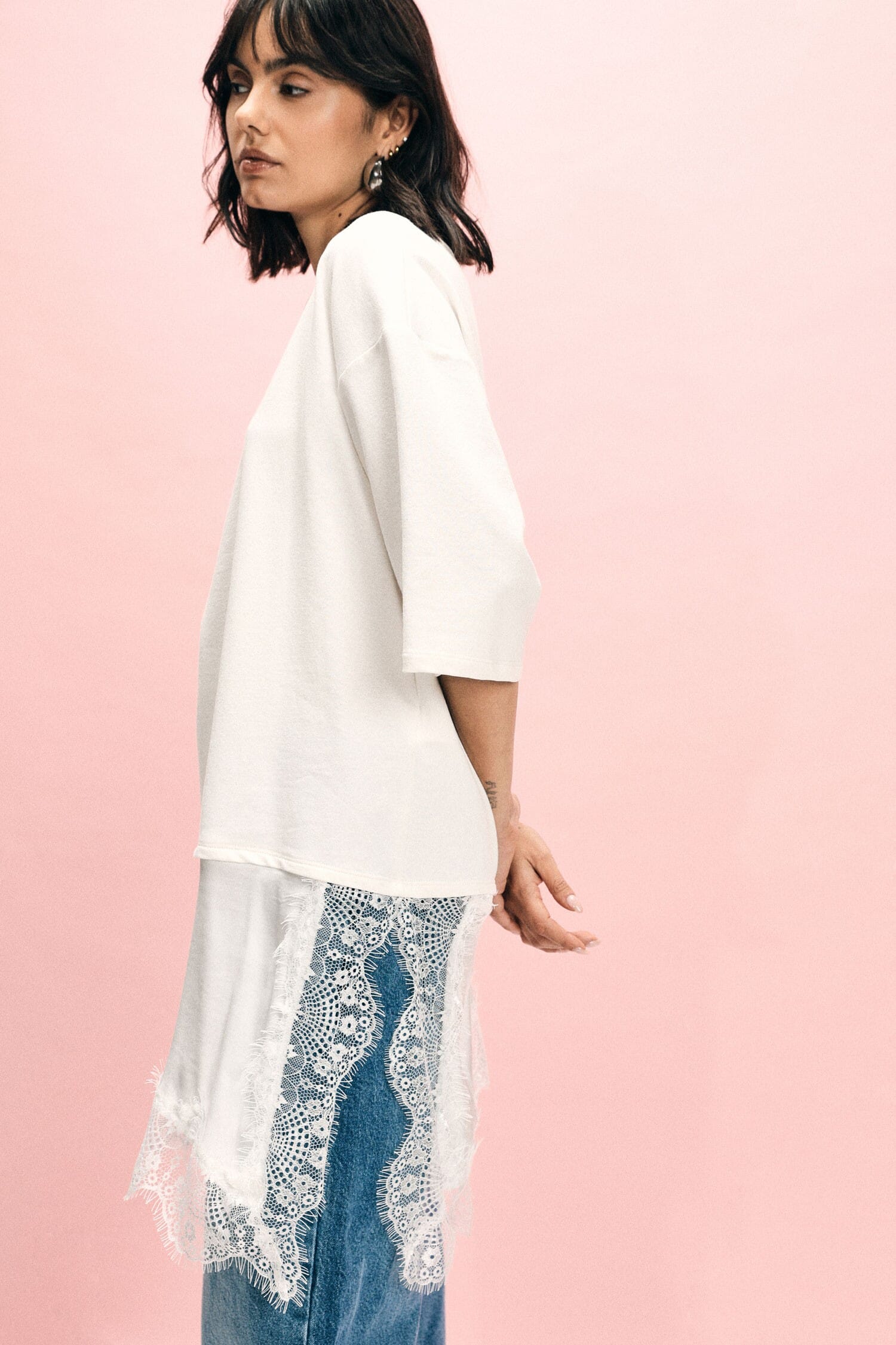 Asymmetrical Top With Contrast Lace Trim Please