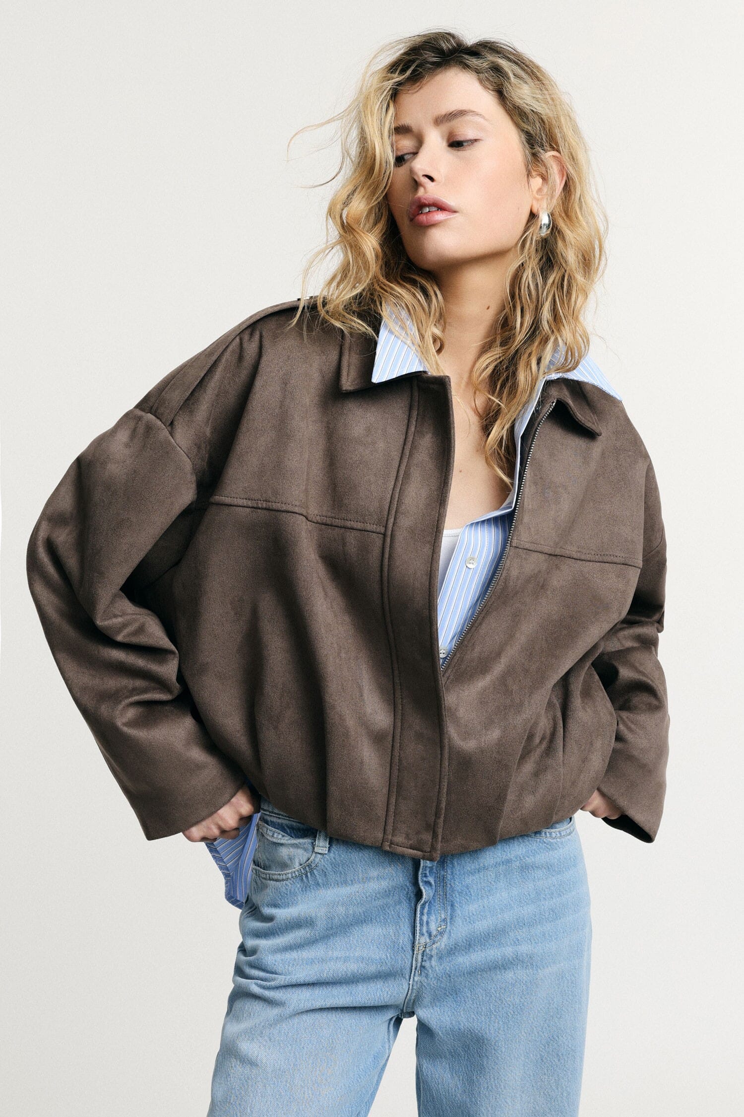 Short Bomber Jacket With Zip And Structured Shoulders Please