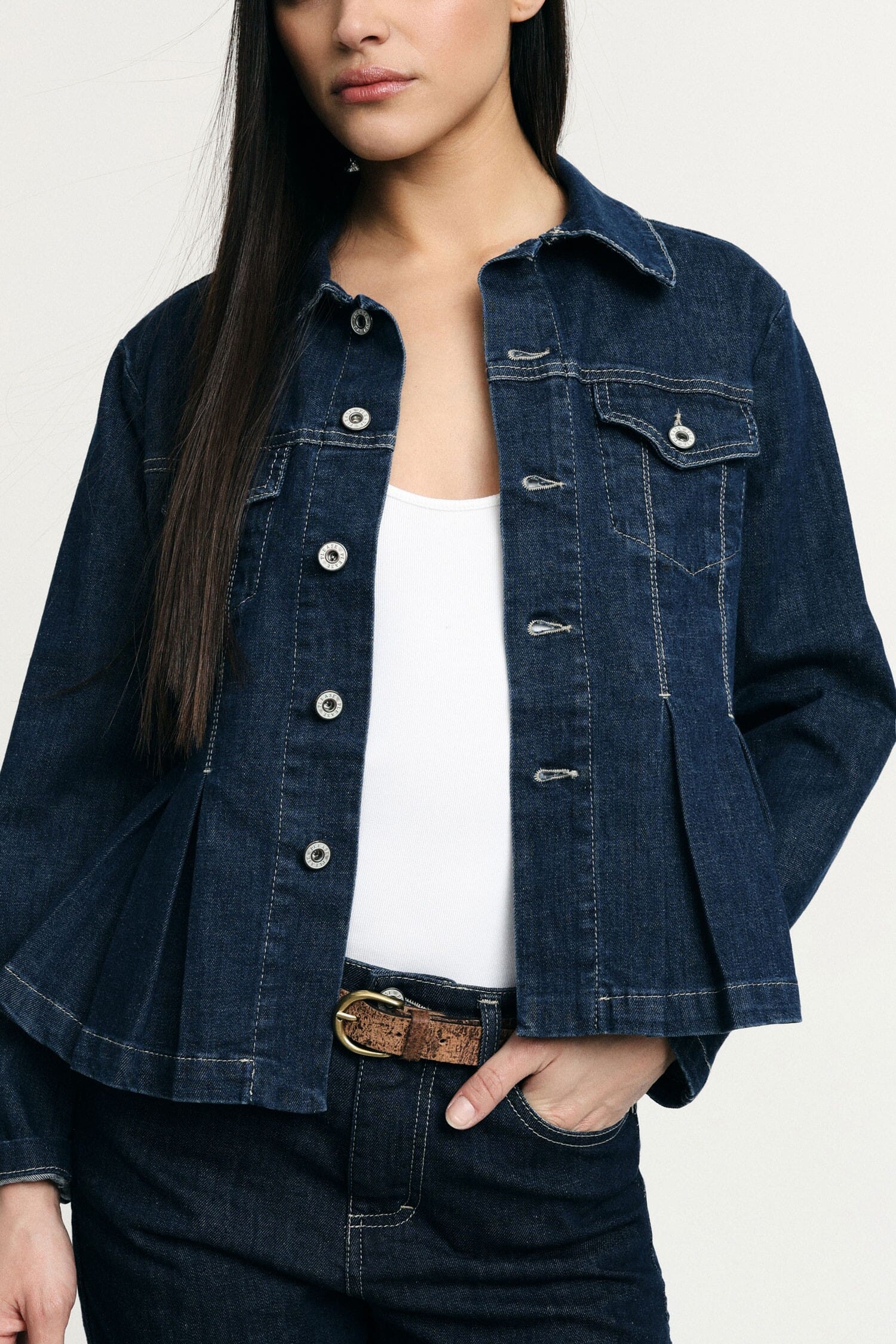 Denim Jacket With Pleats And Front Buttons Please