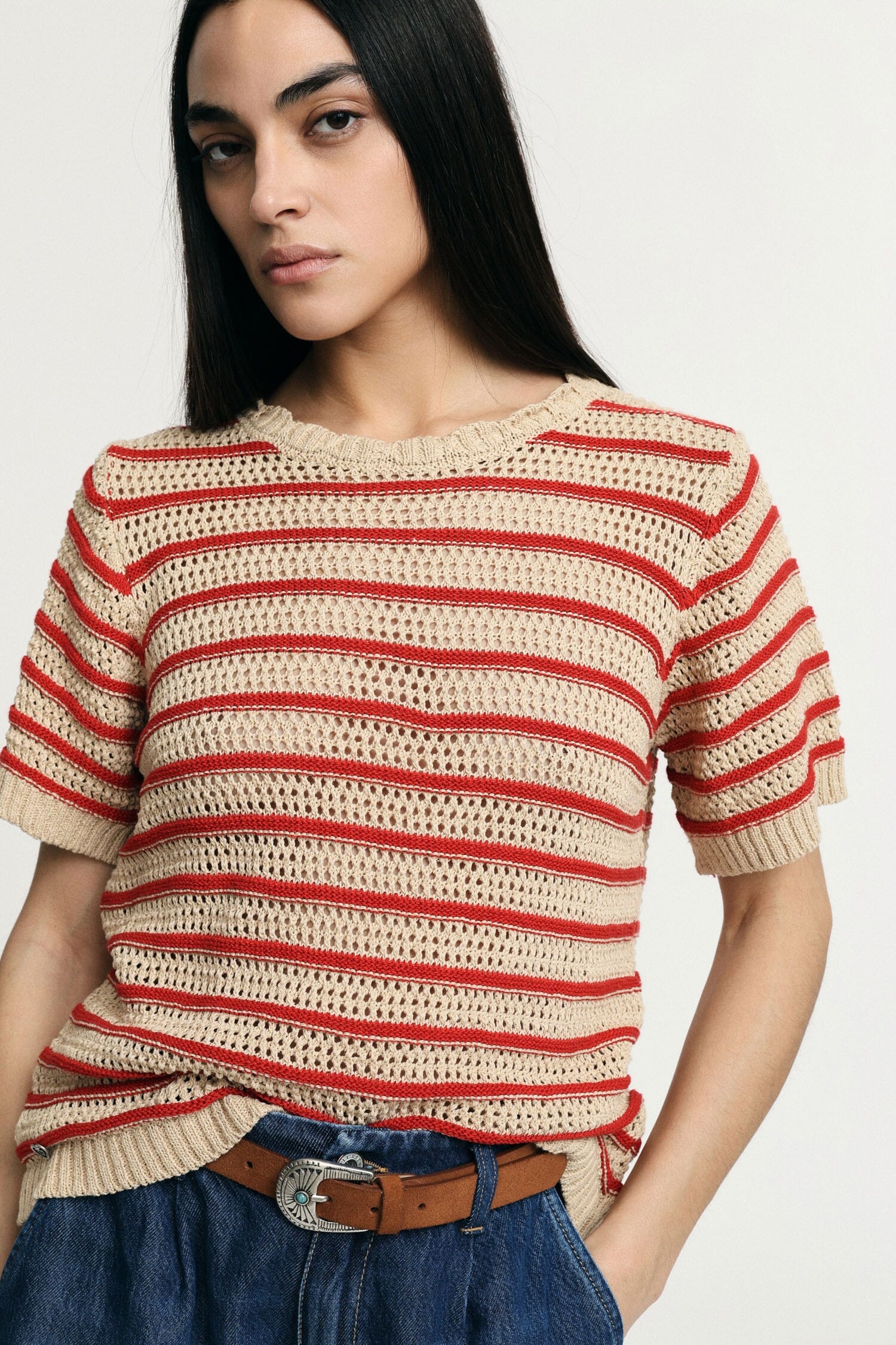 Perforated Striped T-Shirt With Short Sleeves Please