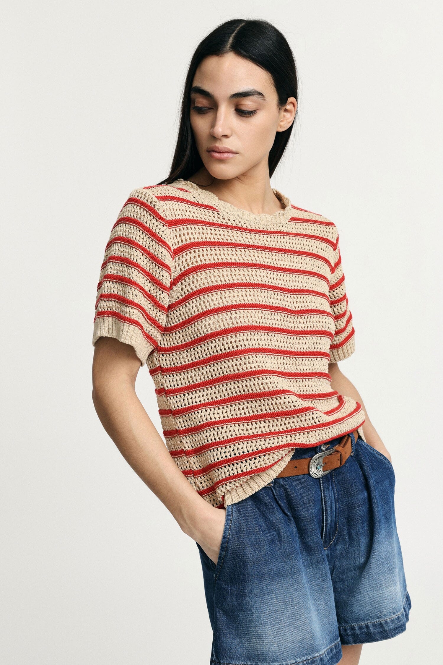 Perforated Striped T-Shirt With Short Sleeves Please