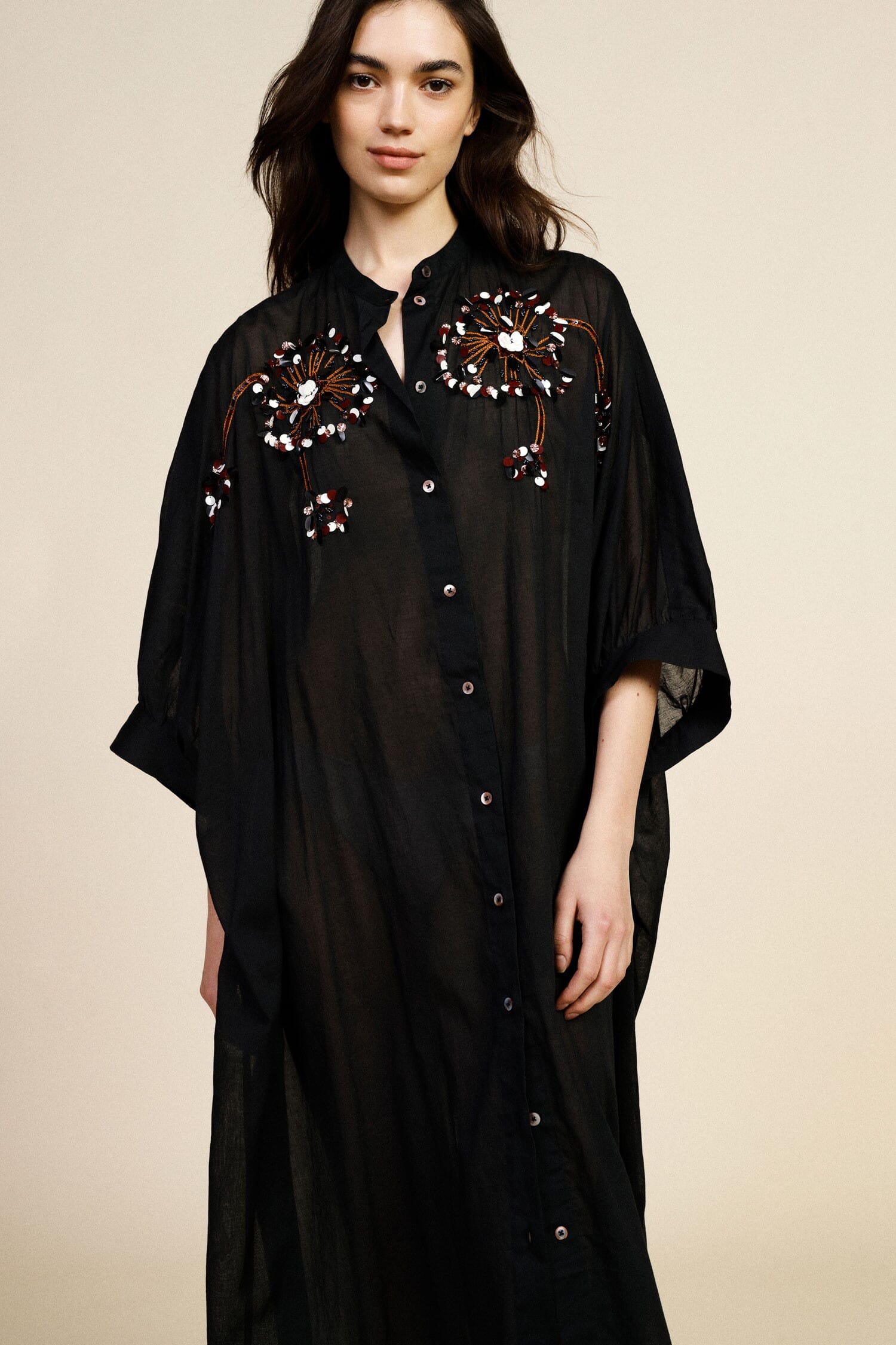 Robe midi à manches trois quarts, broderie florale Dixie