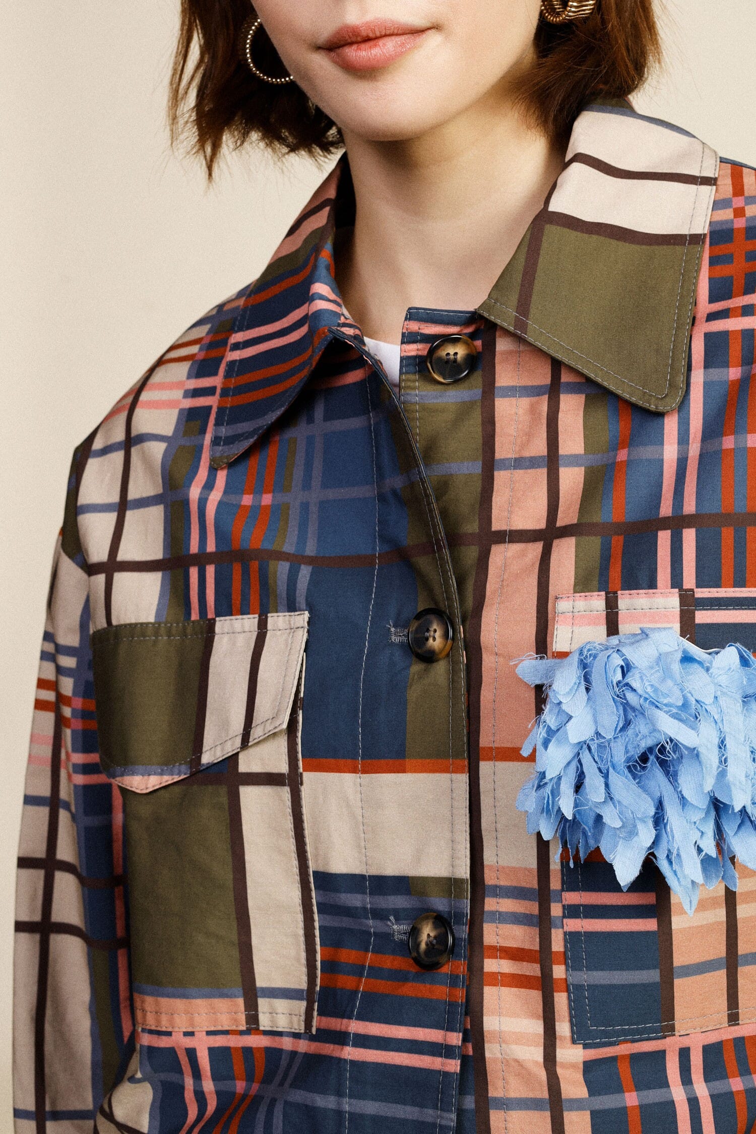 Short Blazer Check Patterned Pockets Dixie