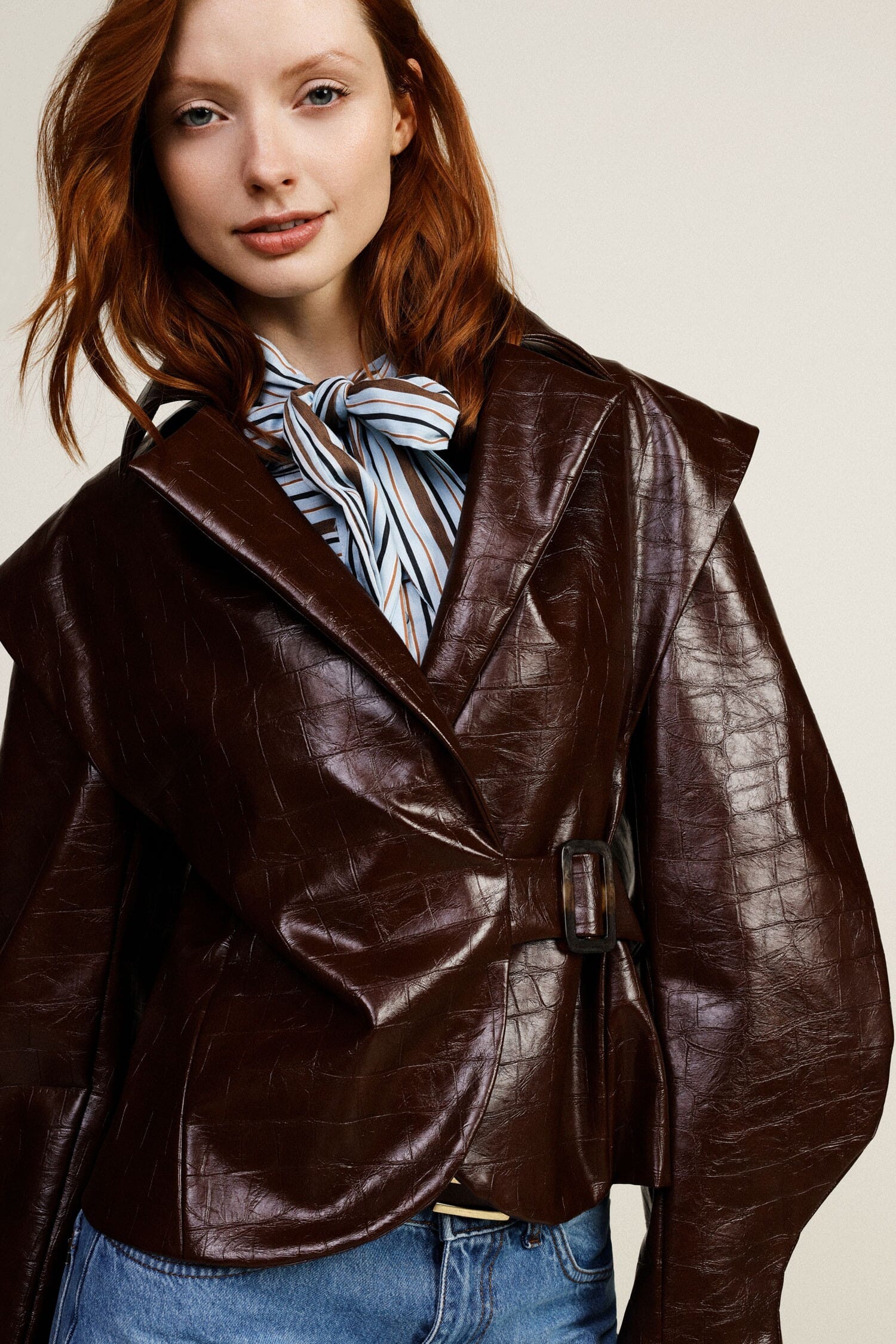 Leatherette Jacket With Belt And Wide Shoulders Dixie