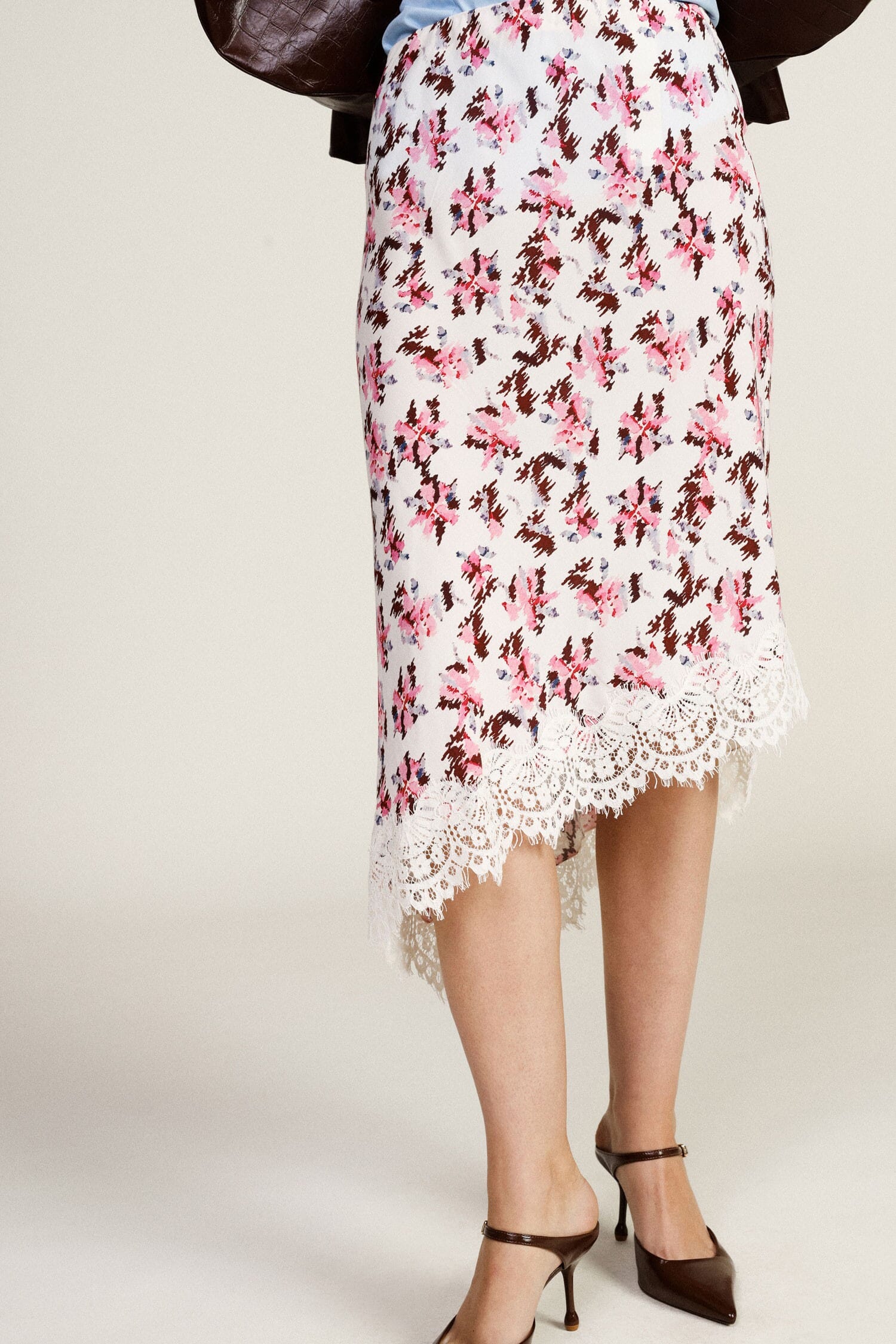 Asymmetrical Floral Print Midi Skirt With Dixie Lace Trim