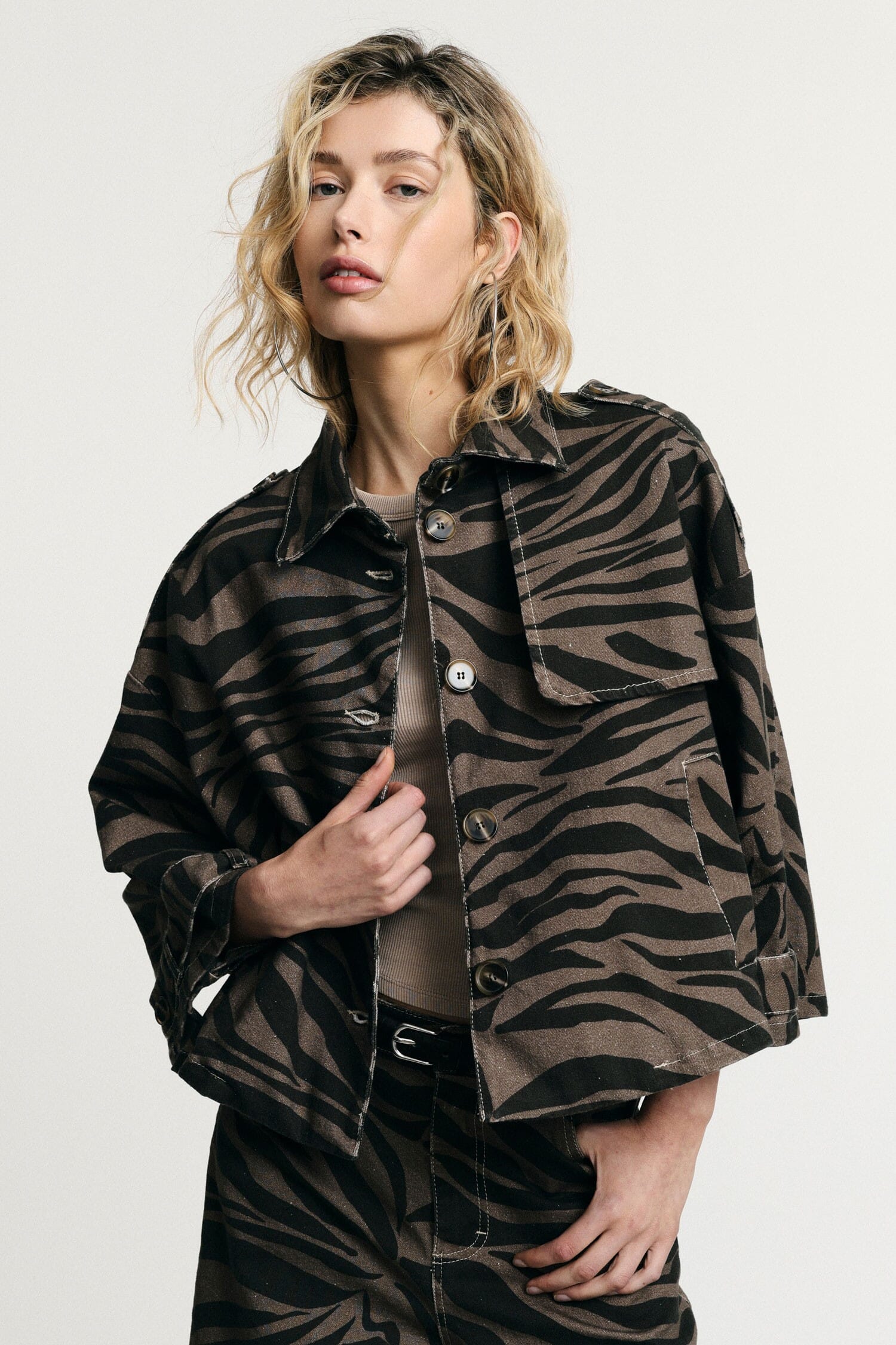 Denim Jacket Animal Print Front Pocket Please