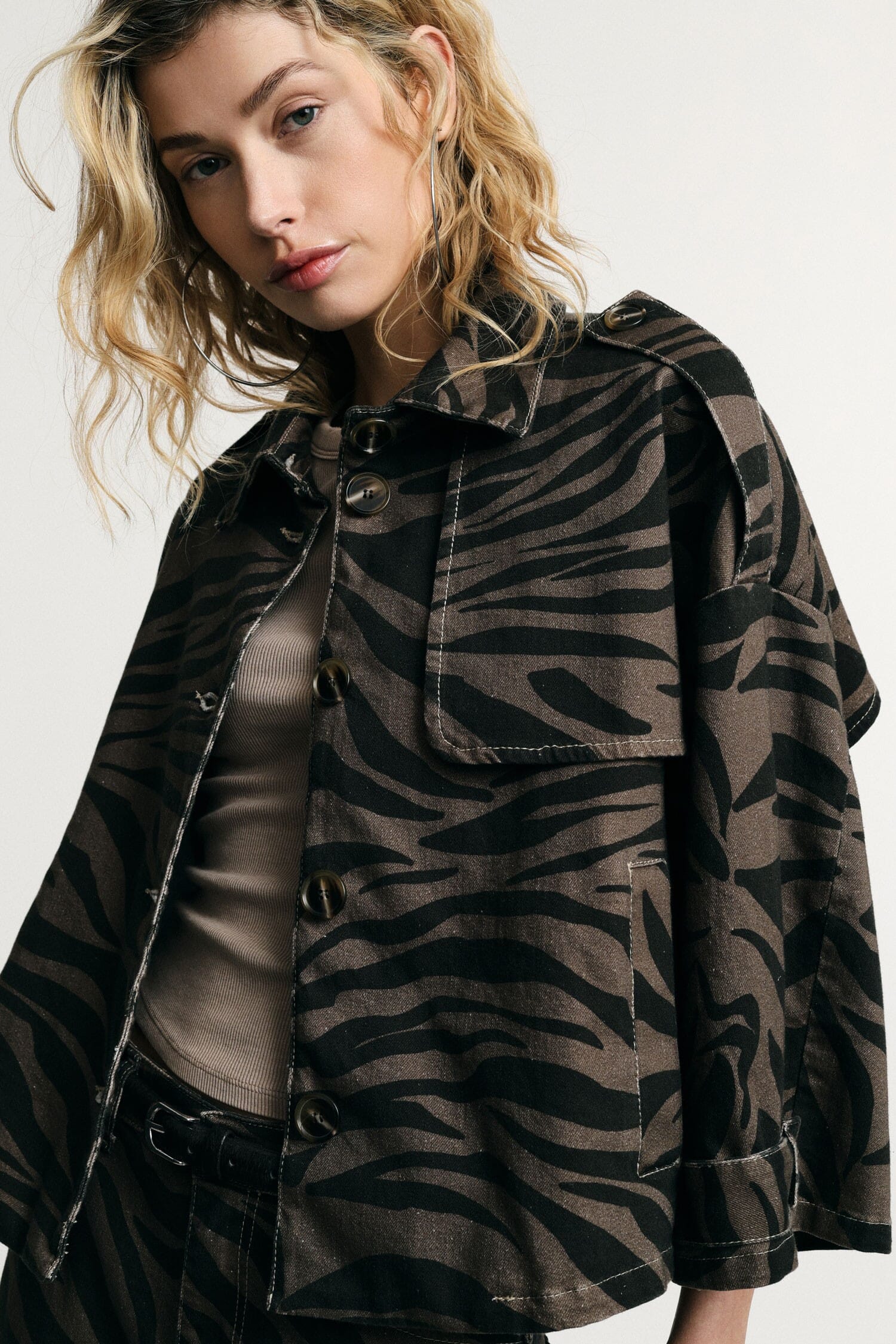 Denim Jacket Animal Print Front Pocket Please