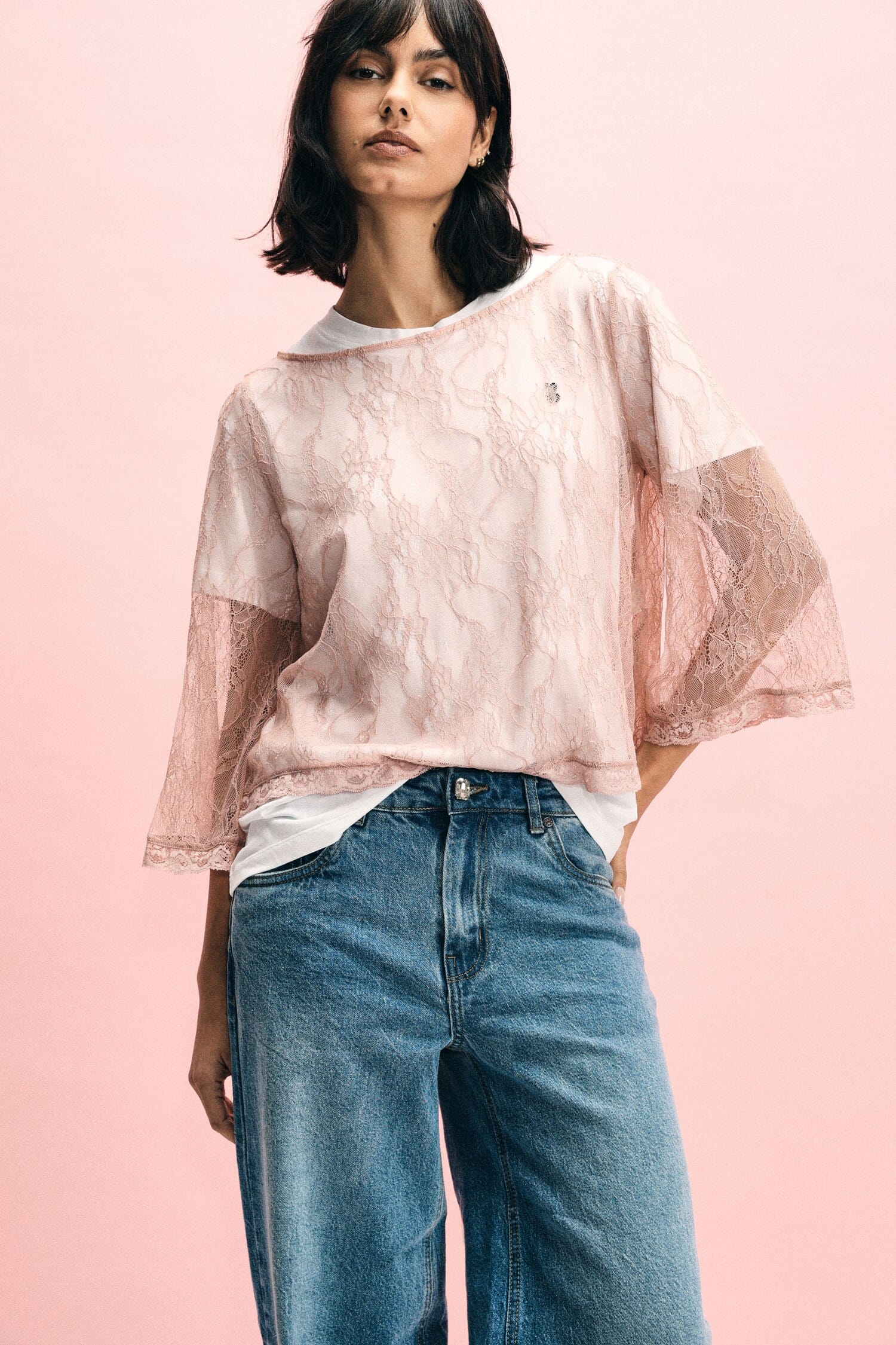 Top With Lace And Transparent 3/4 Sleeves Please