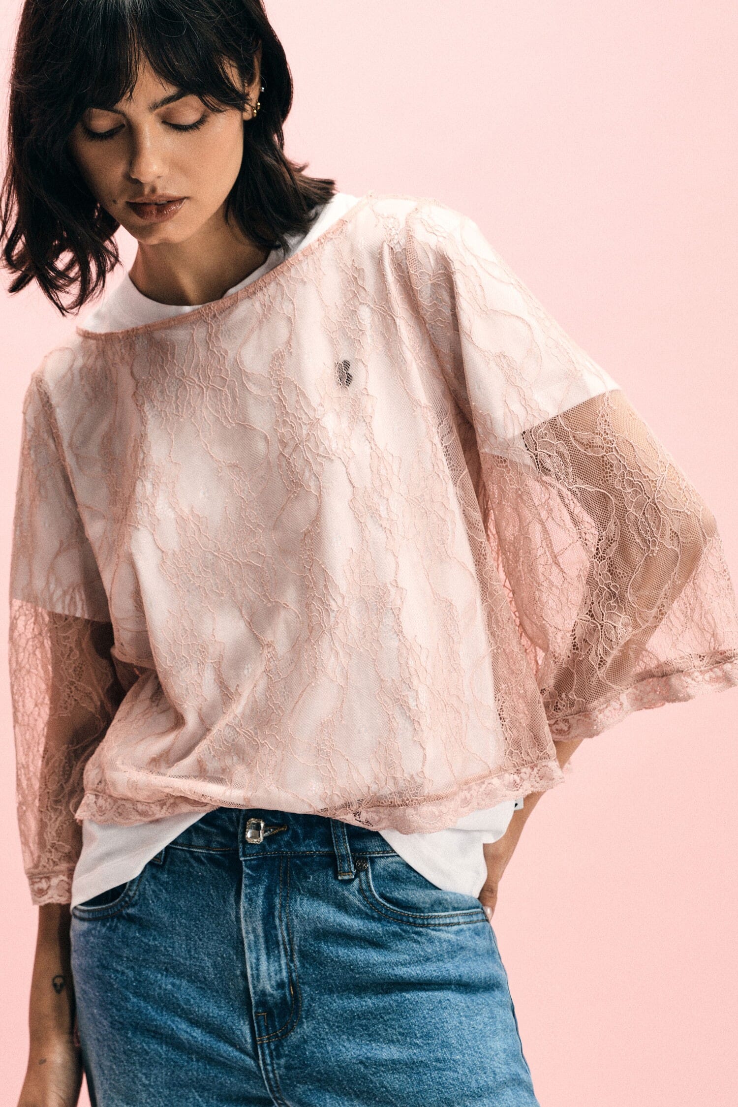 Top With Lace And Transparent 3/4 Sleeves Please