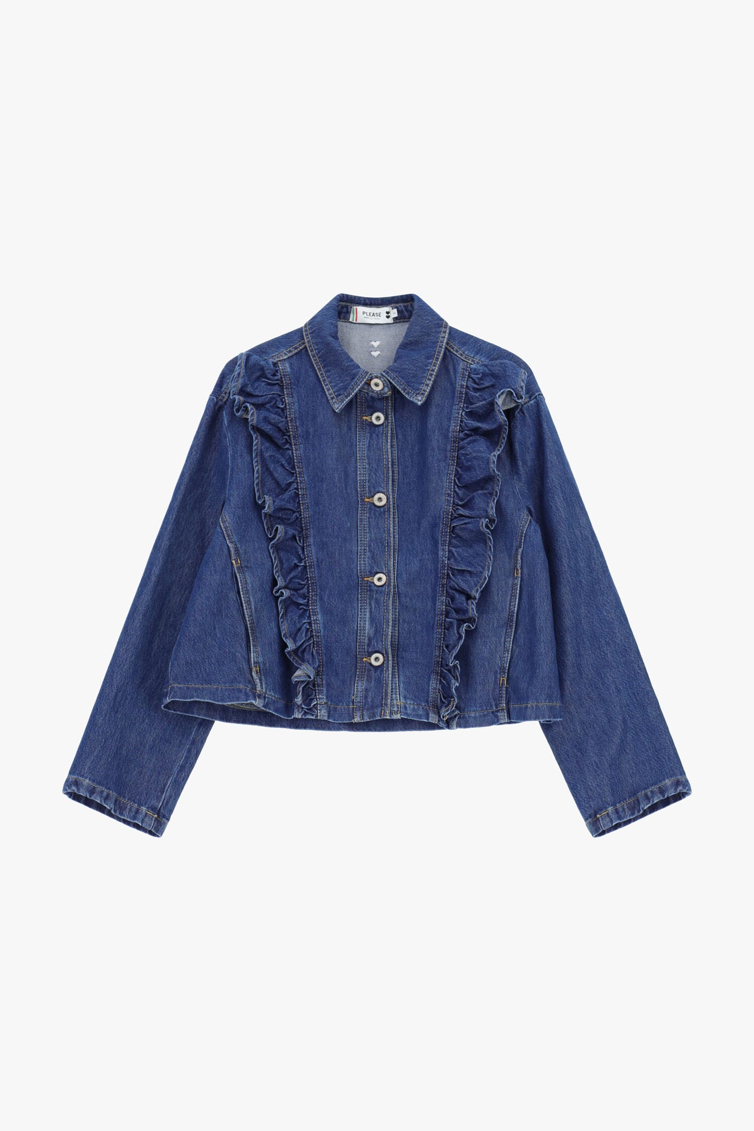 Veste en jean avec volants sur le devant et boutons s'il vous plaît