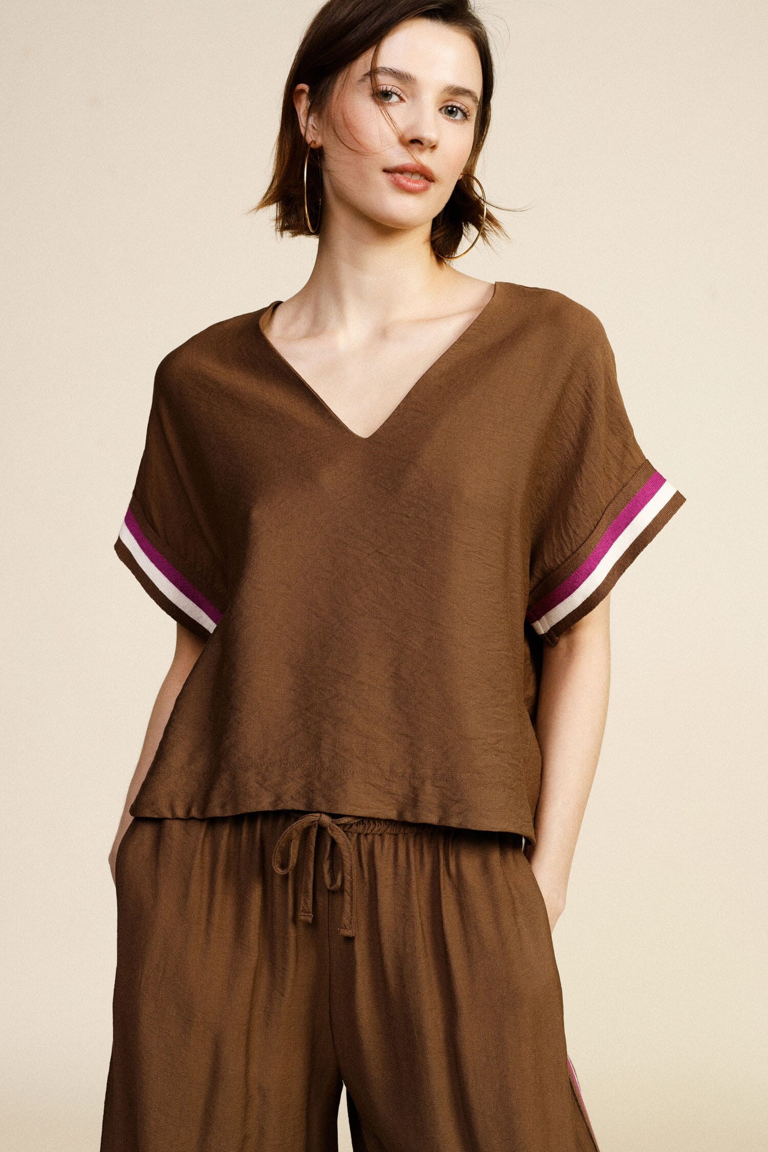 Dixie Striped V-neck Short Sleeve Blouse