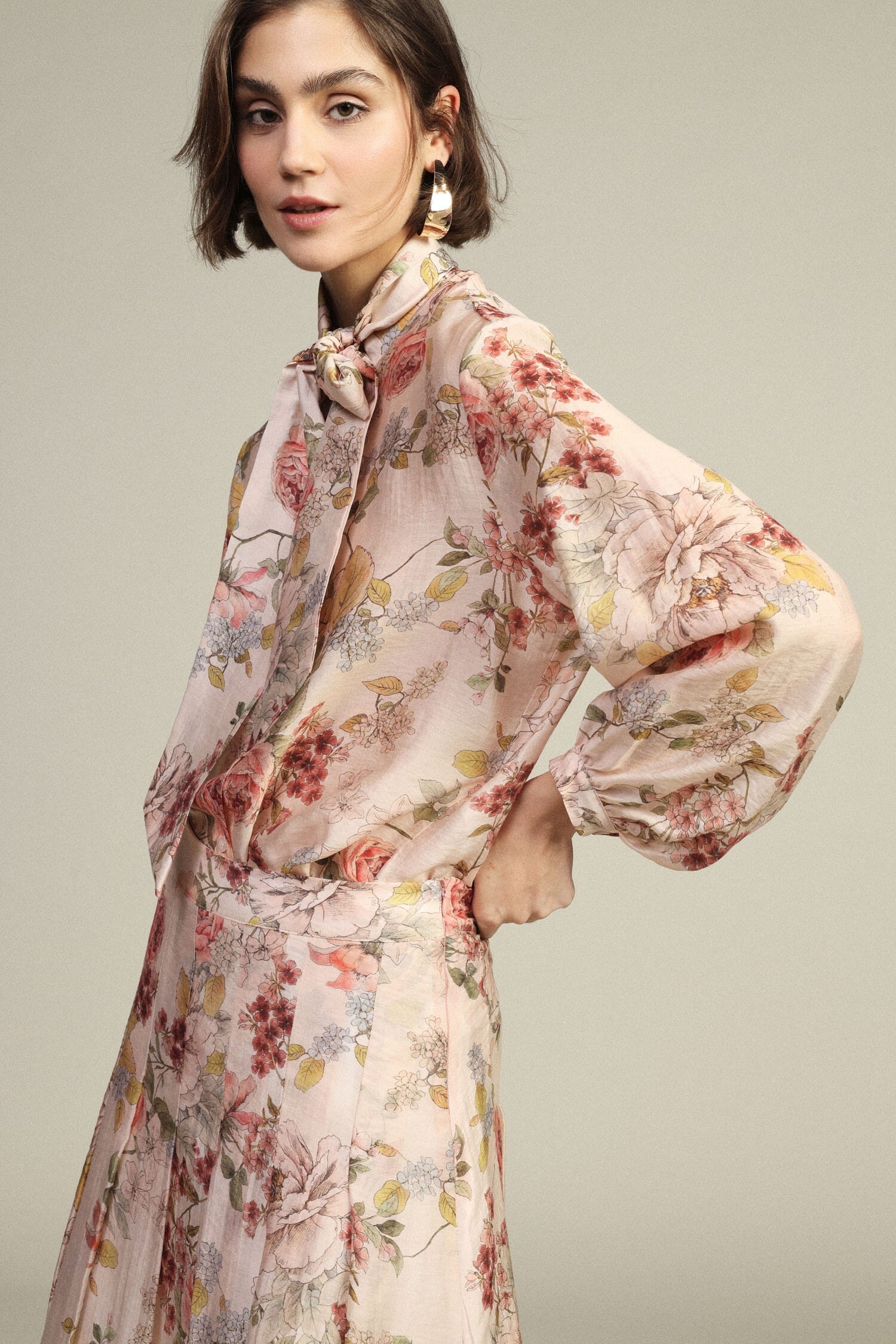 Floral Print Shirt, Bow Collar, Long Sleeves Dixie