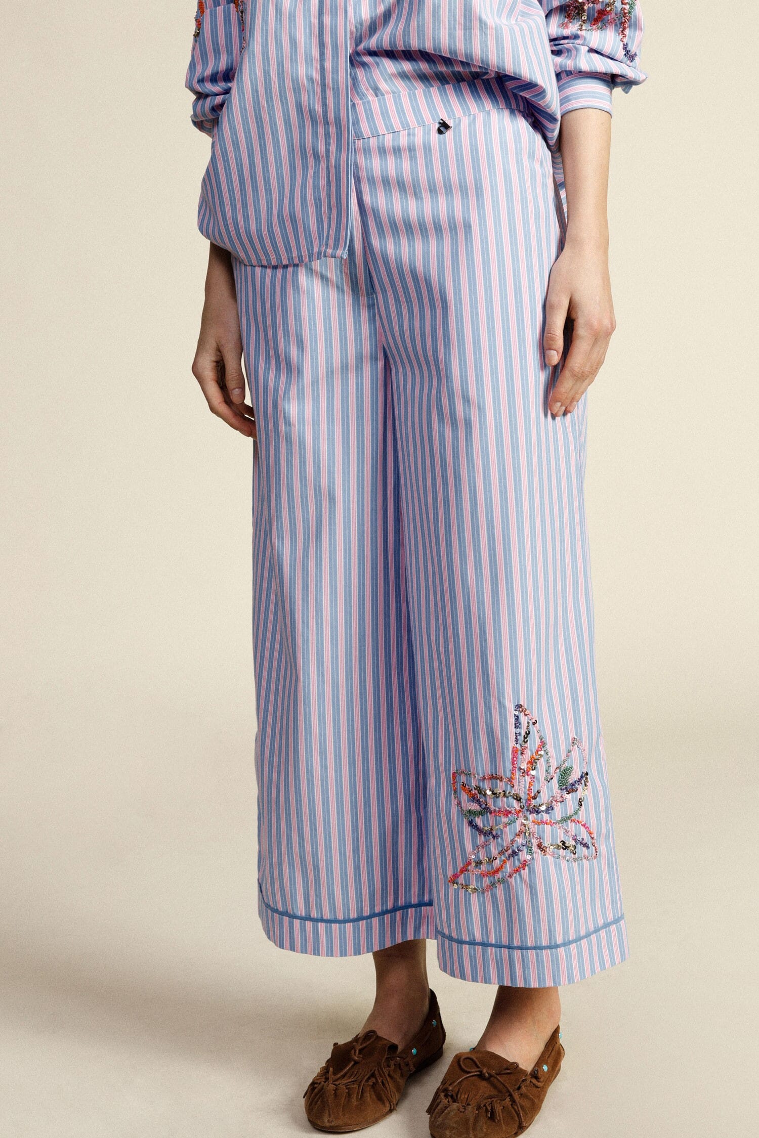 Dixie Floral Embroidery Striped Palace Trousers