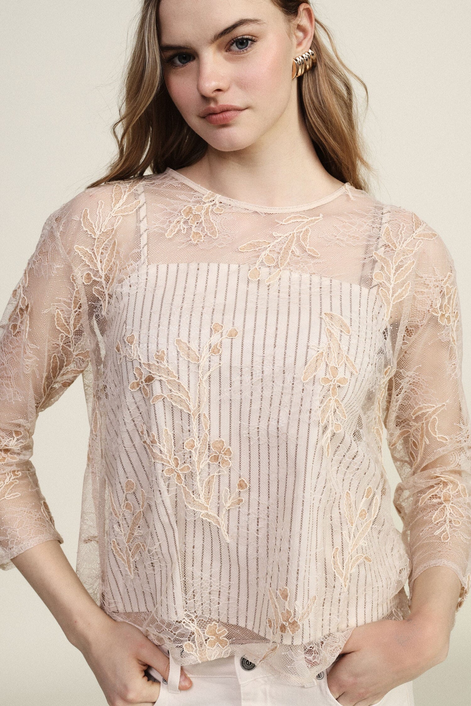Top With Floral Embroidery And 3/4 Length Sleeves Dixie