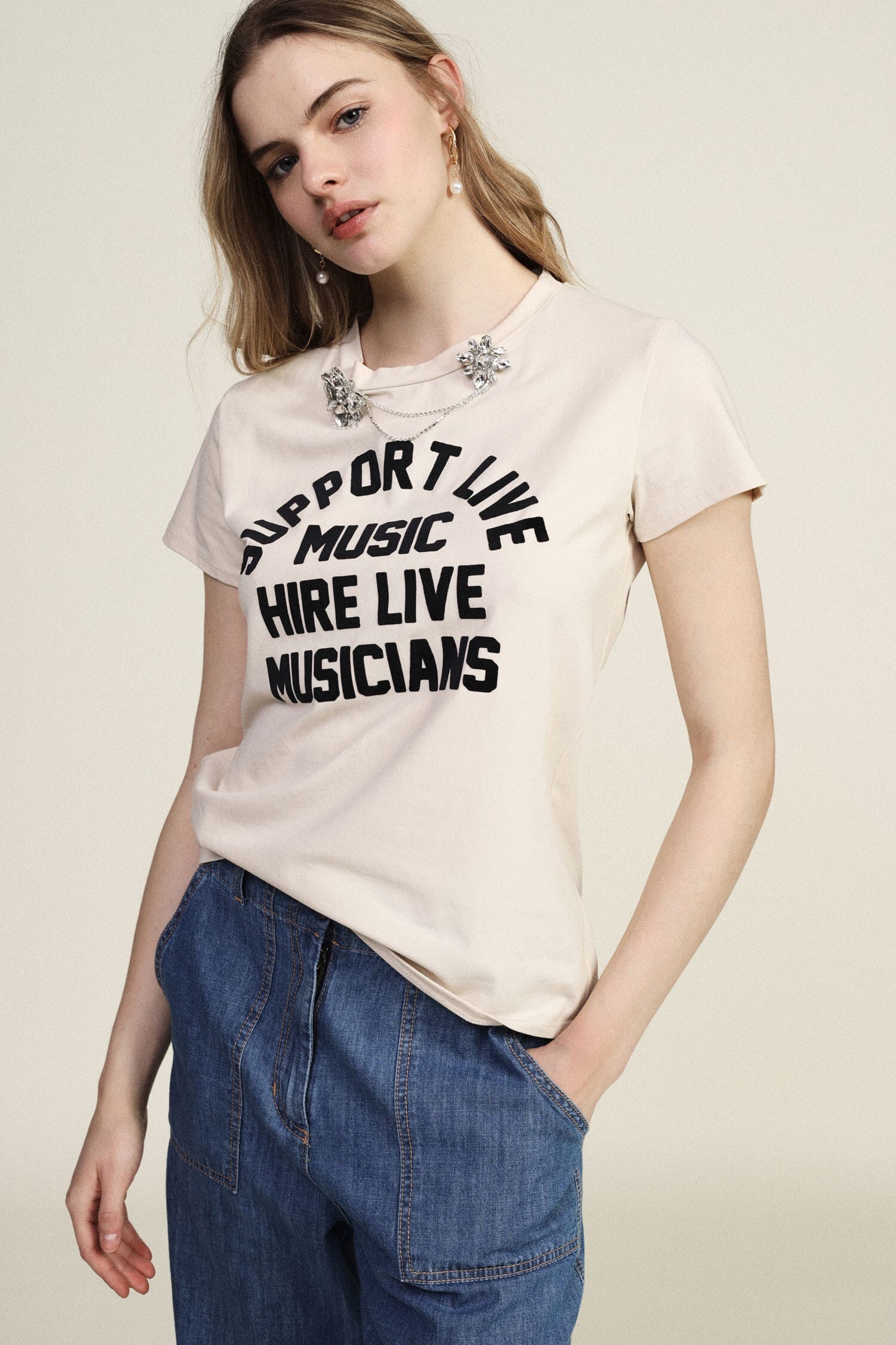 Front Print T-Shirt With Jewel Appliqués Dixie