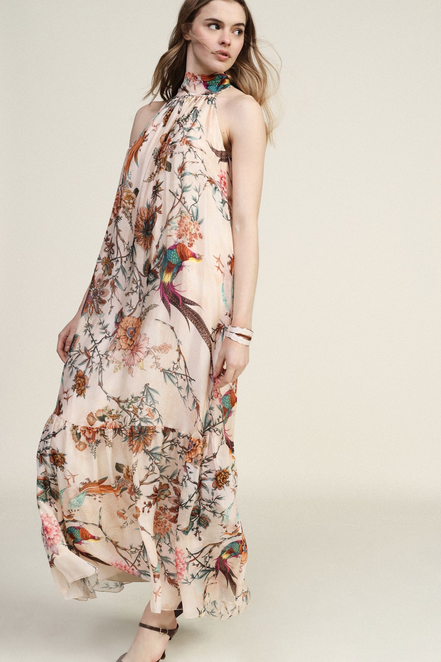 Long Dress With Floral Print And Dixie Ruffles