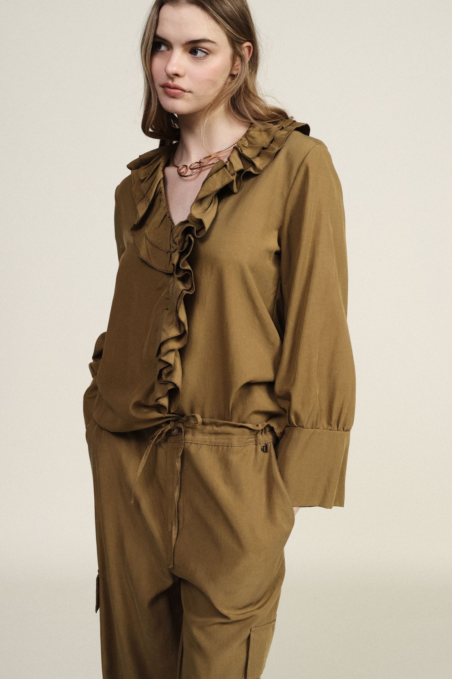 Blouse With Ruffle Neckline And Long Sleeves Dixie