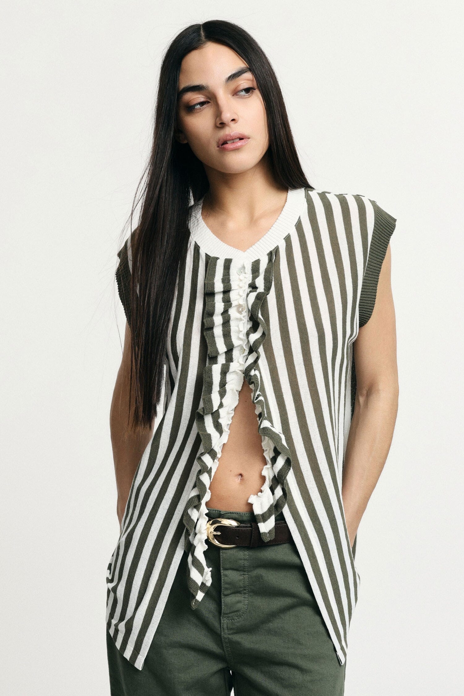 Sleeveless Striped Top With Central Ruffle Please