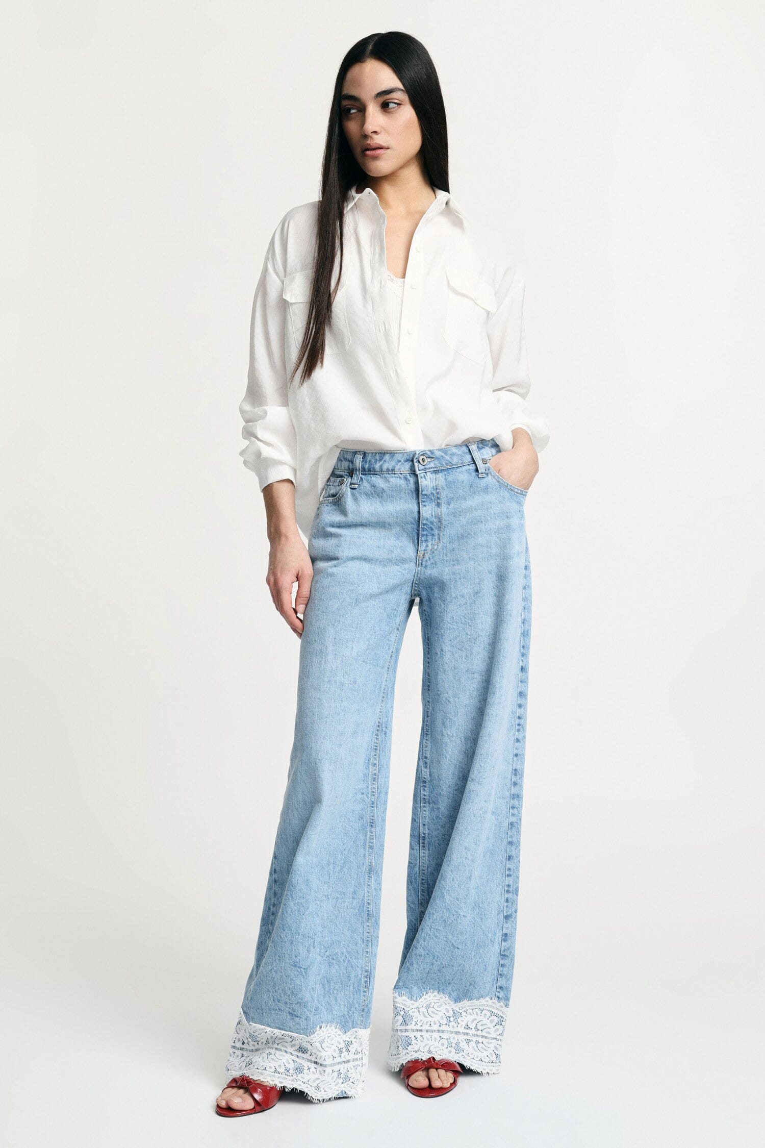 Mid Waist Flare Jeans With Lace Trim Please