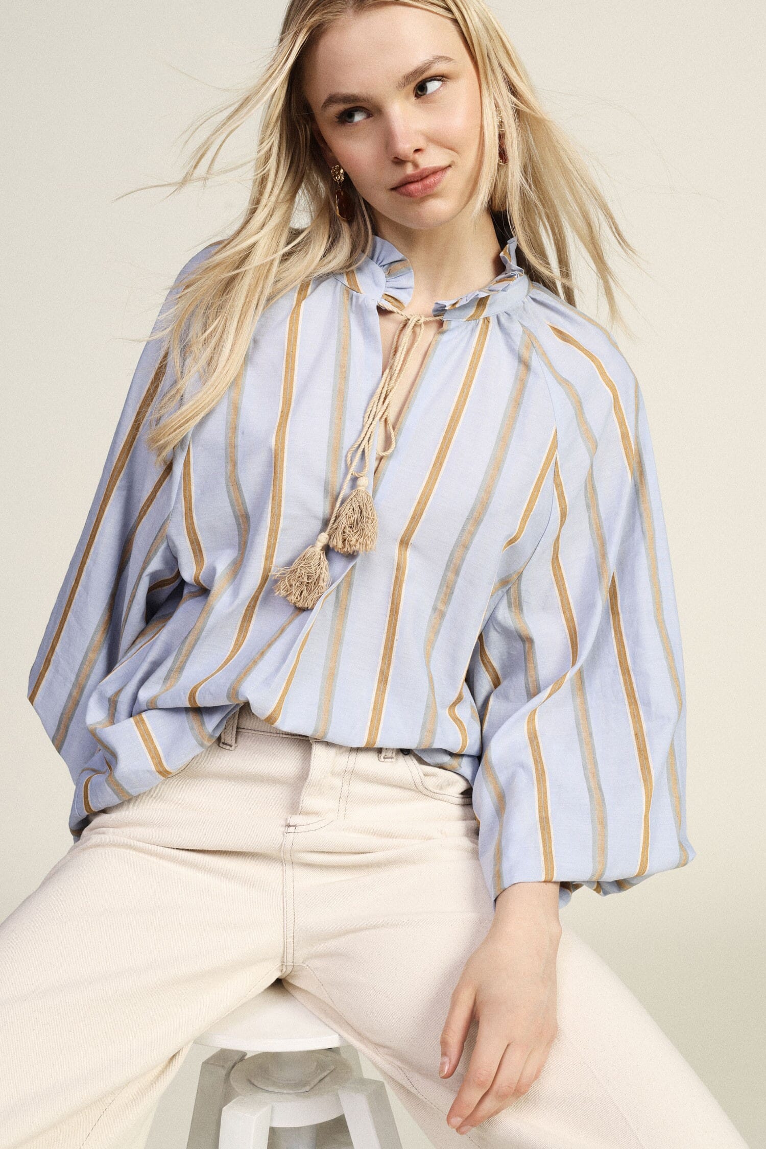Striped Blouse With Wide Sleeves And Dixie Strap