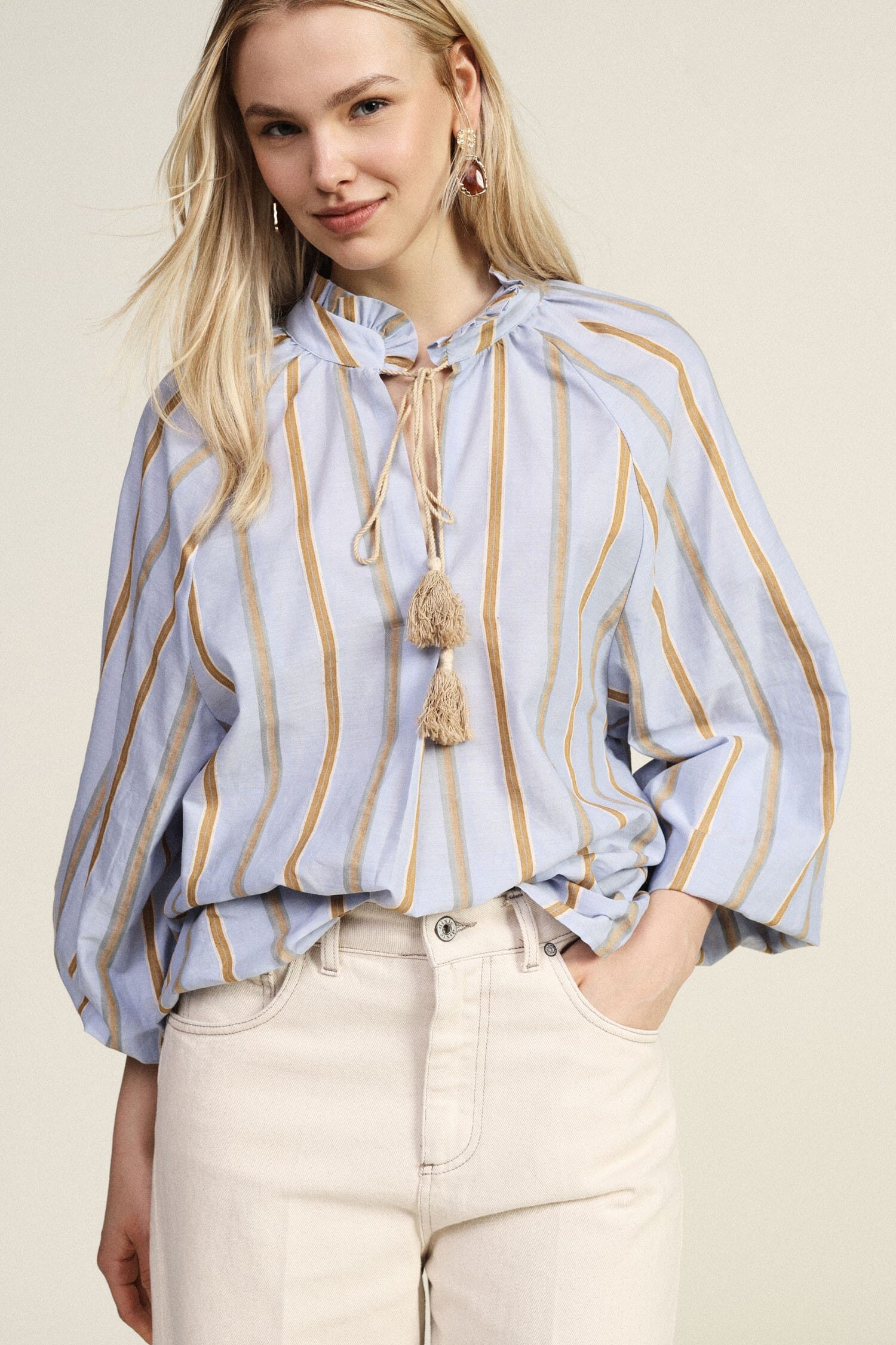 Striped Blouse With Wide Sleeves And Dixie Strap