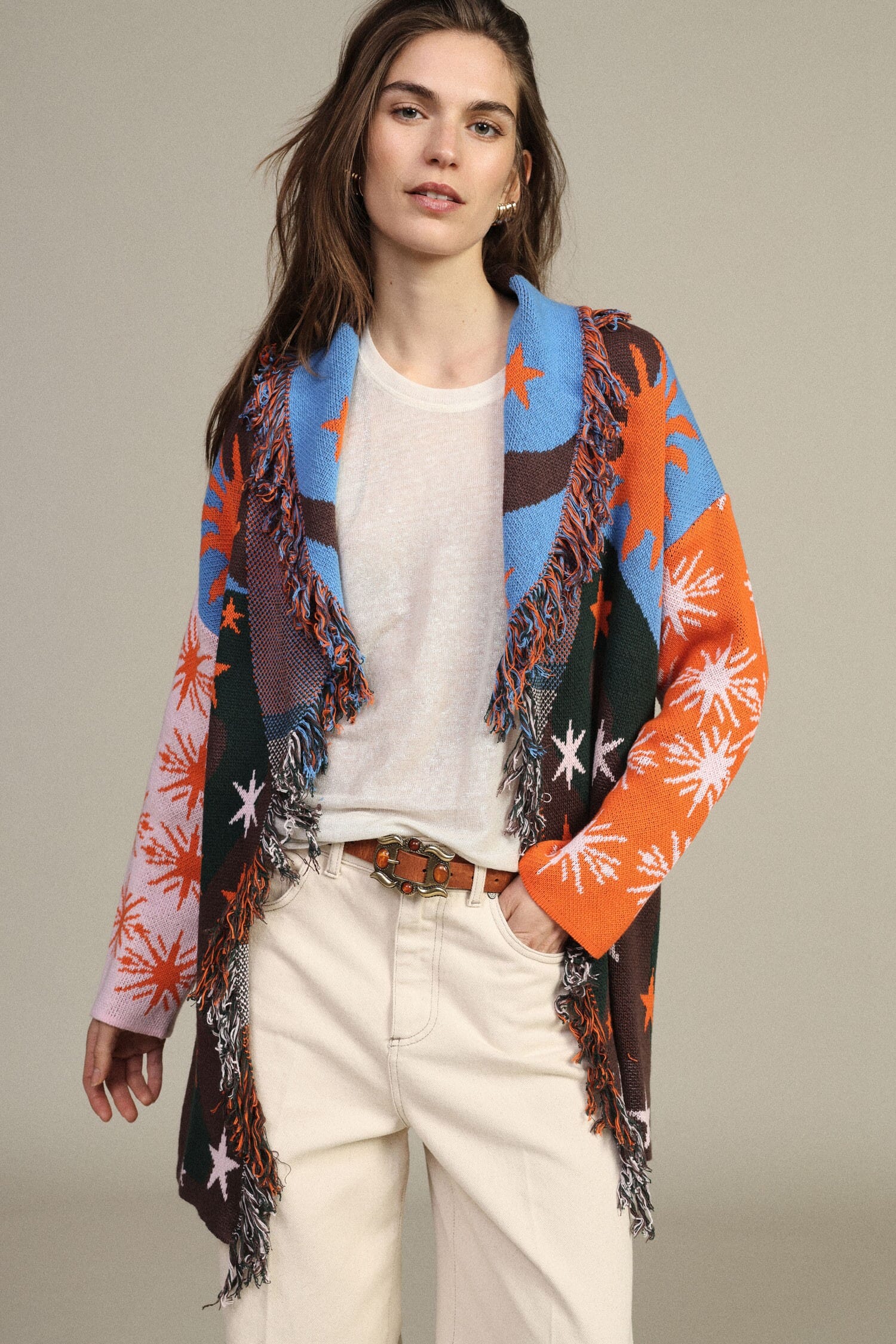 Star Pattern Cardigan With Belt And Fringes Dixie