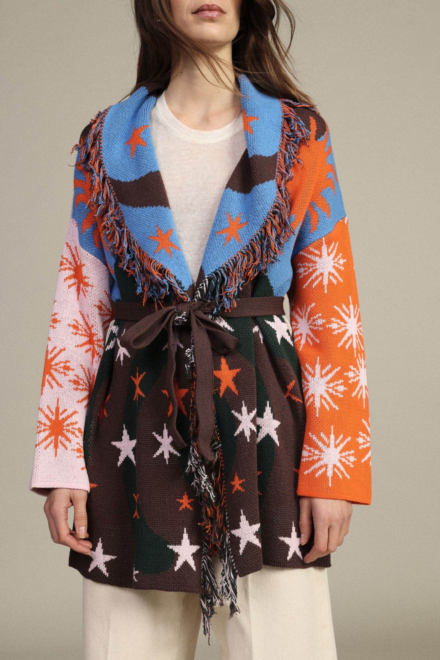 Star Pattern Cardigan With Belt And Fringes Dixie