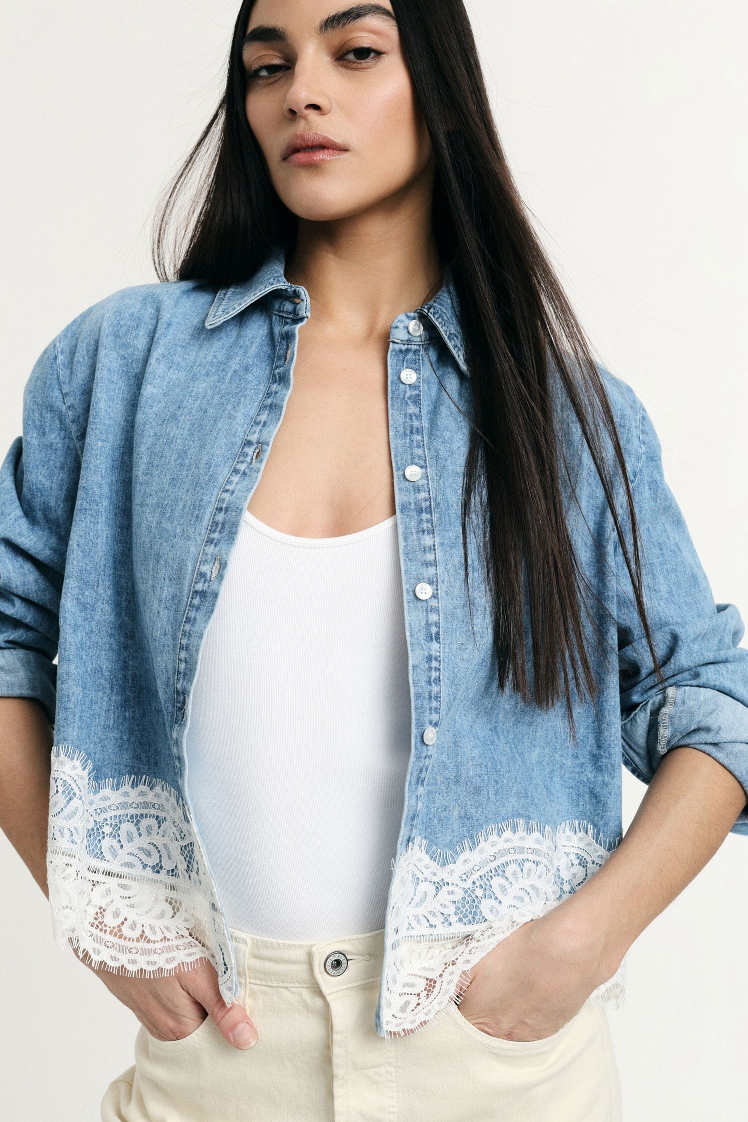 Shirt With Classic Collar And Lace Trim Please