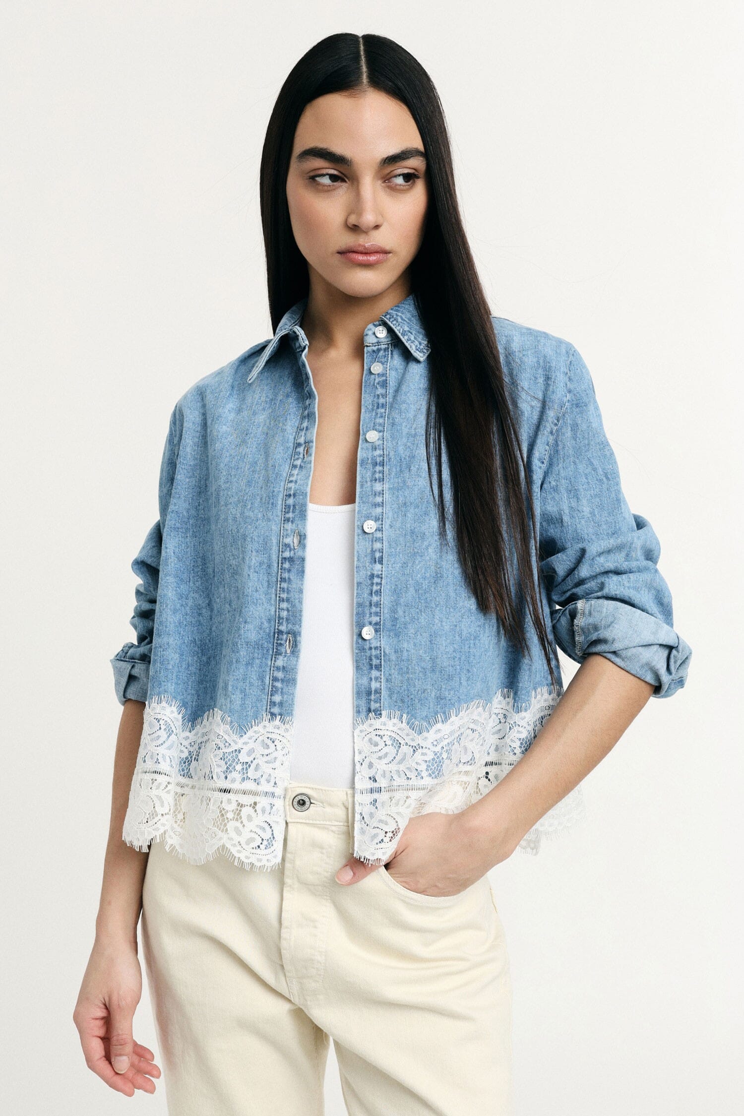 Shirt With Classic Collar And Lace Trim Please