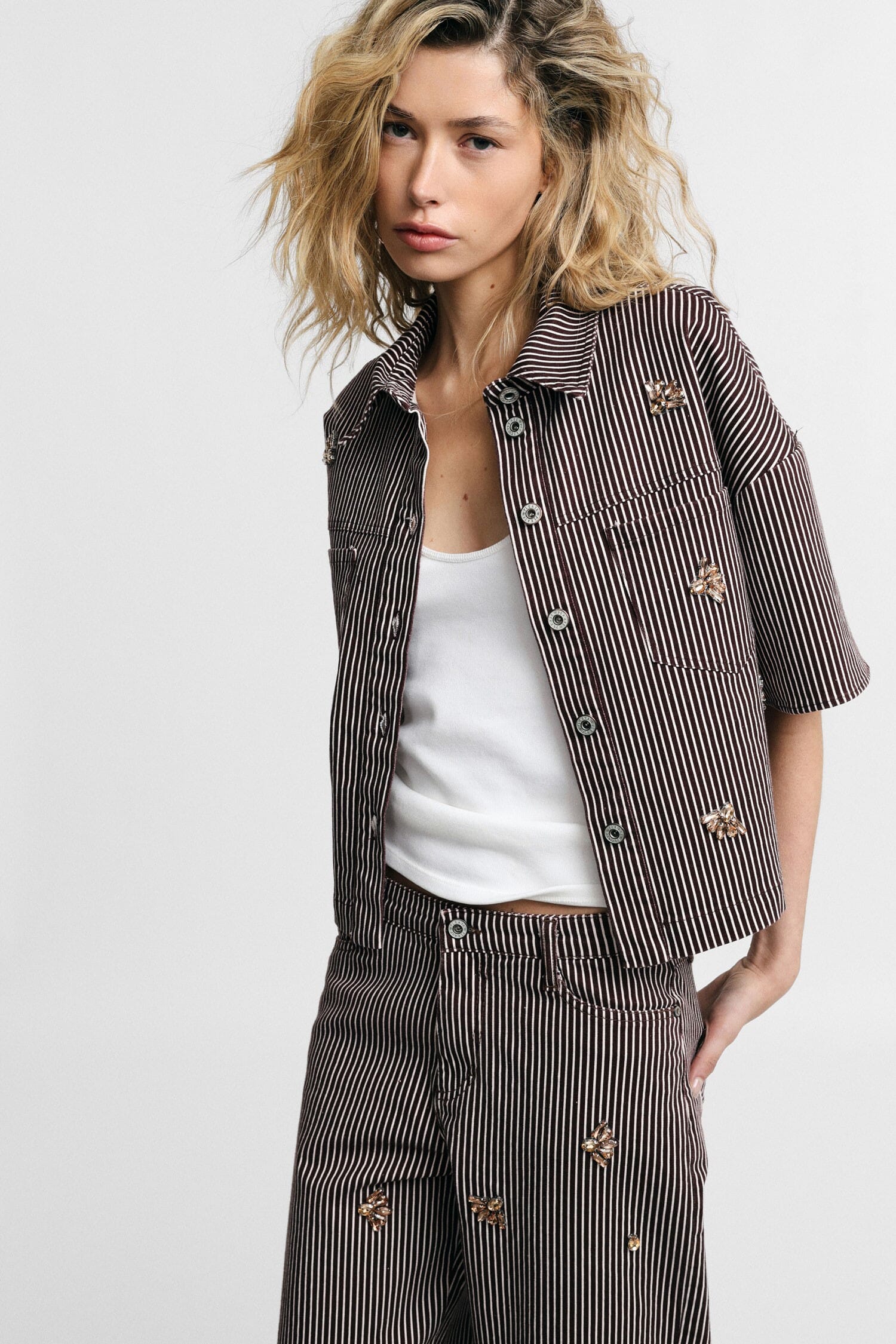 Short Striped Shirt With Buttons And Jewelled Appliqués Please